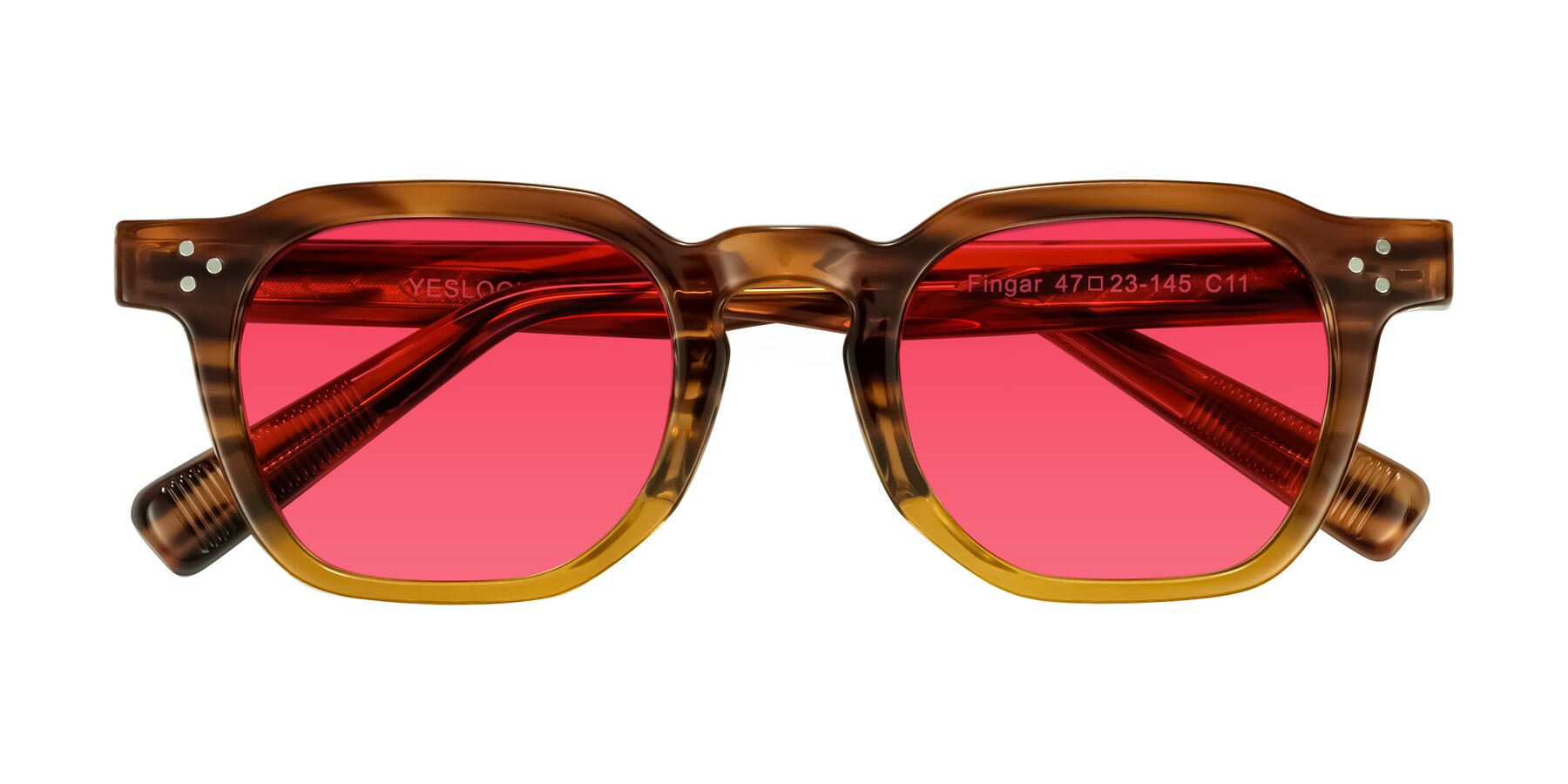 Folded Front of Fingar in Cola Brown Striped with Red Tinted Lenses