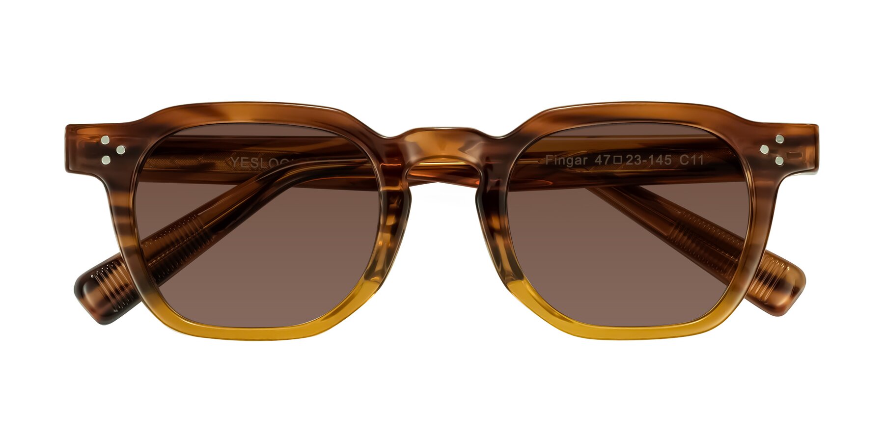 Folded Front of Fingar in Cola Brown Striped with Brown Tinted Lenses