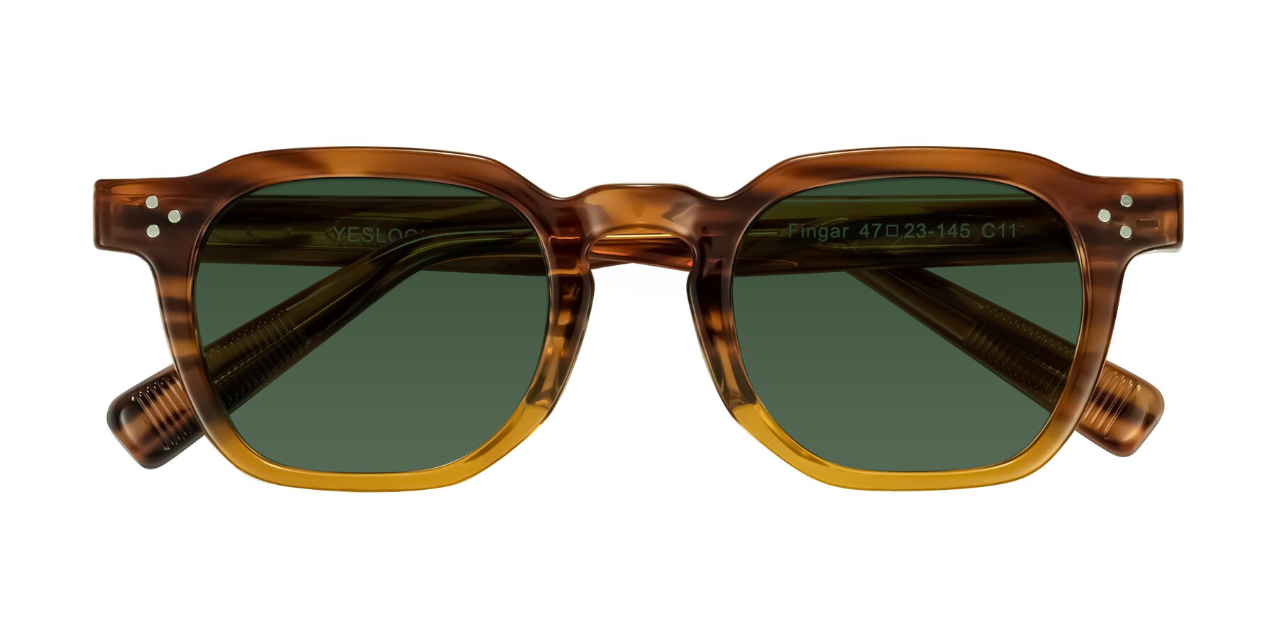 Folded Front of Fingar in Cola Brown Striped with Green Tinted Lenses