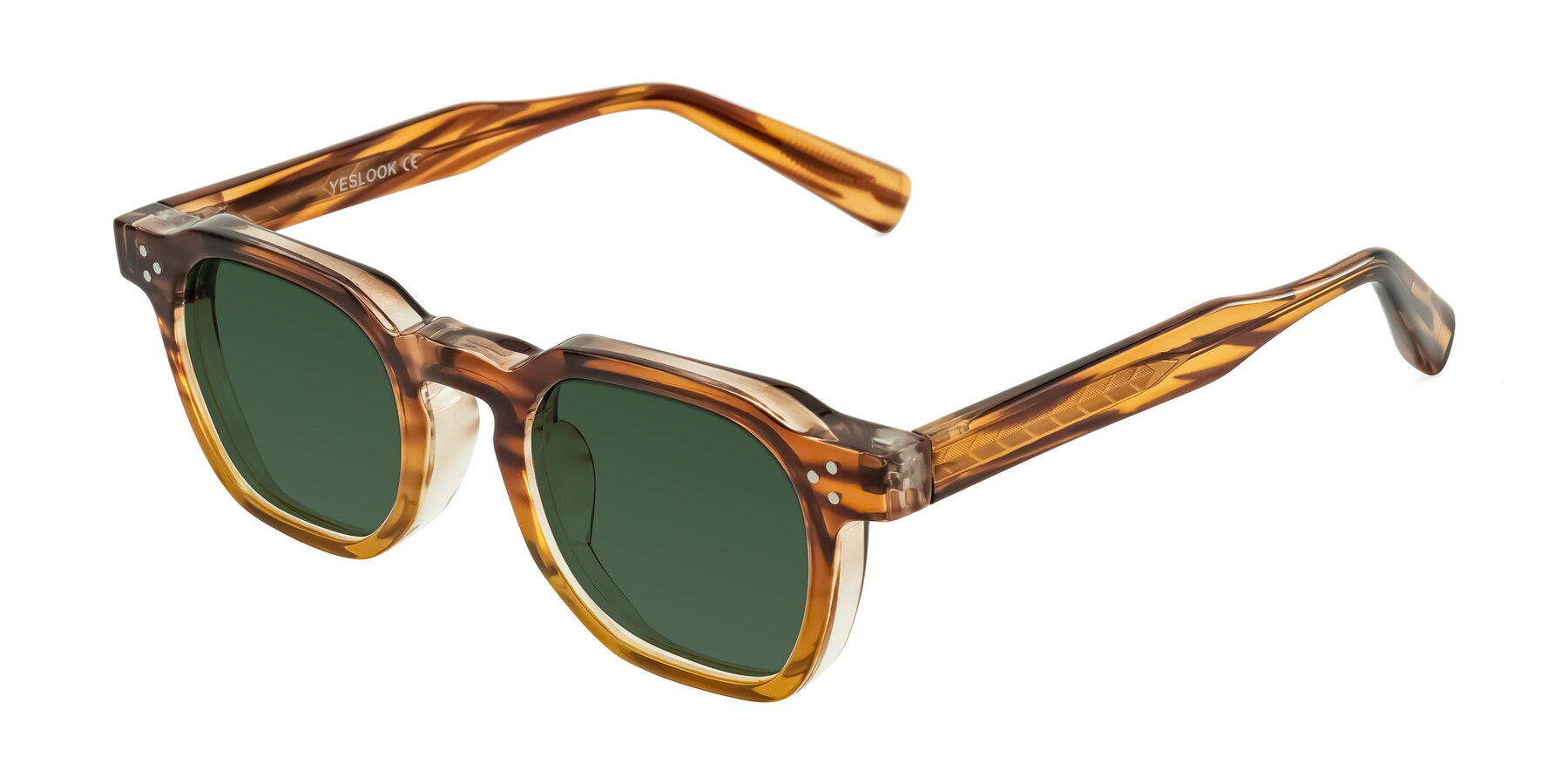 Angle of Fingar in Cola Brown Striped with Green Tinted Lenses