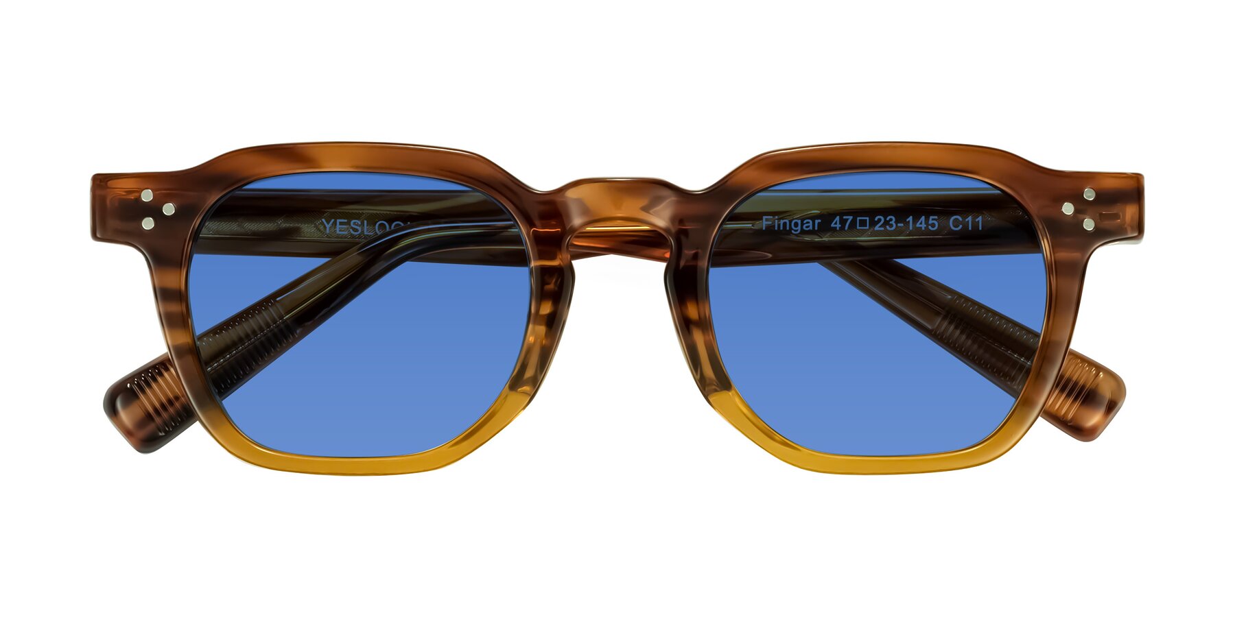 Folded Front of Fingar in Cola Brown Striped with Blue Tinted Lenses