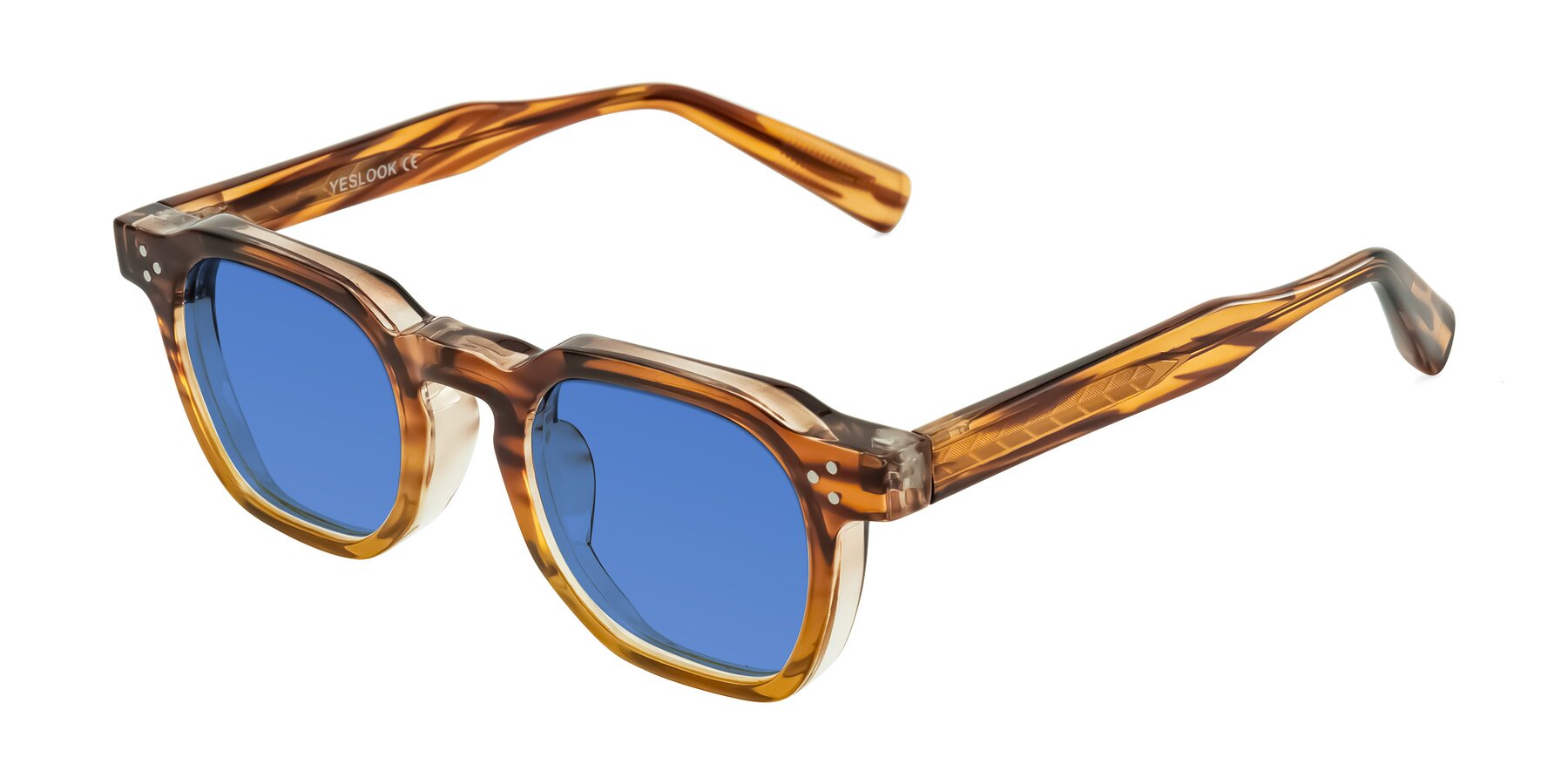 Angle of Fingar in Cola Brown Striped with Blue Tinted Lenses