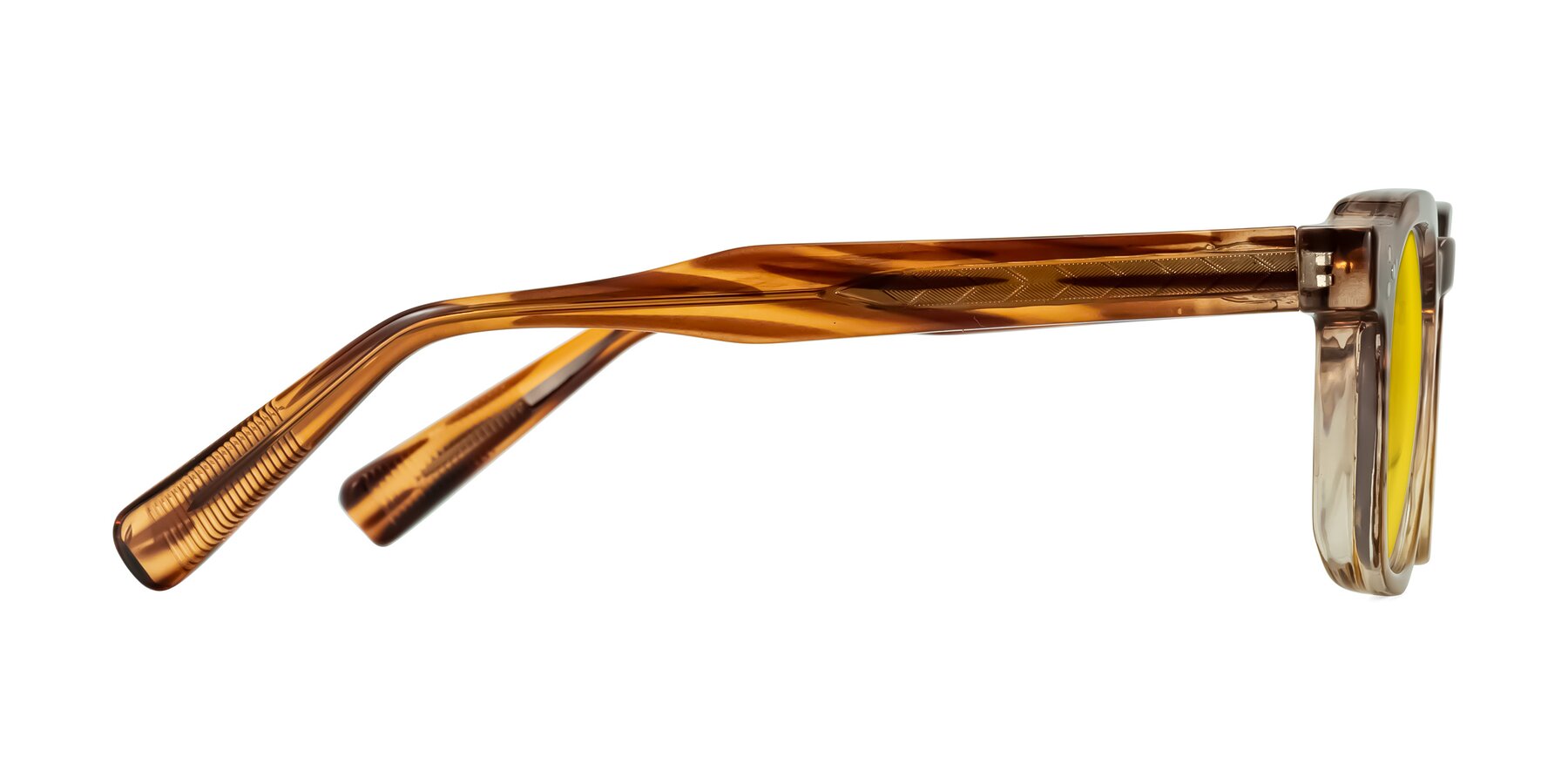 Side of Fingar in Cola Brown Striped with Yellow Tinted Lenses