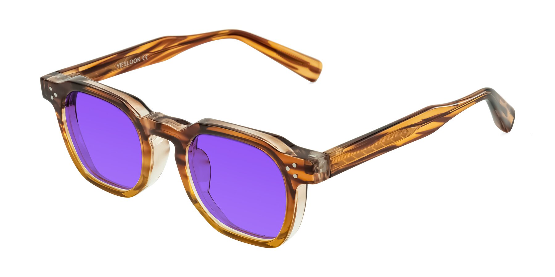 Angle of Fingar in Cola Brown Striped with Purple Tinted Lenses