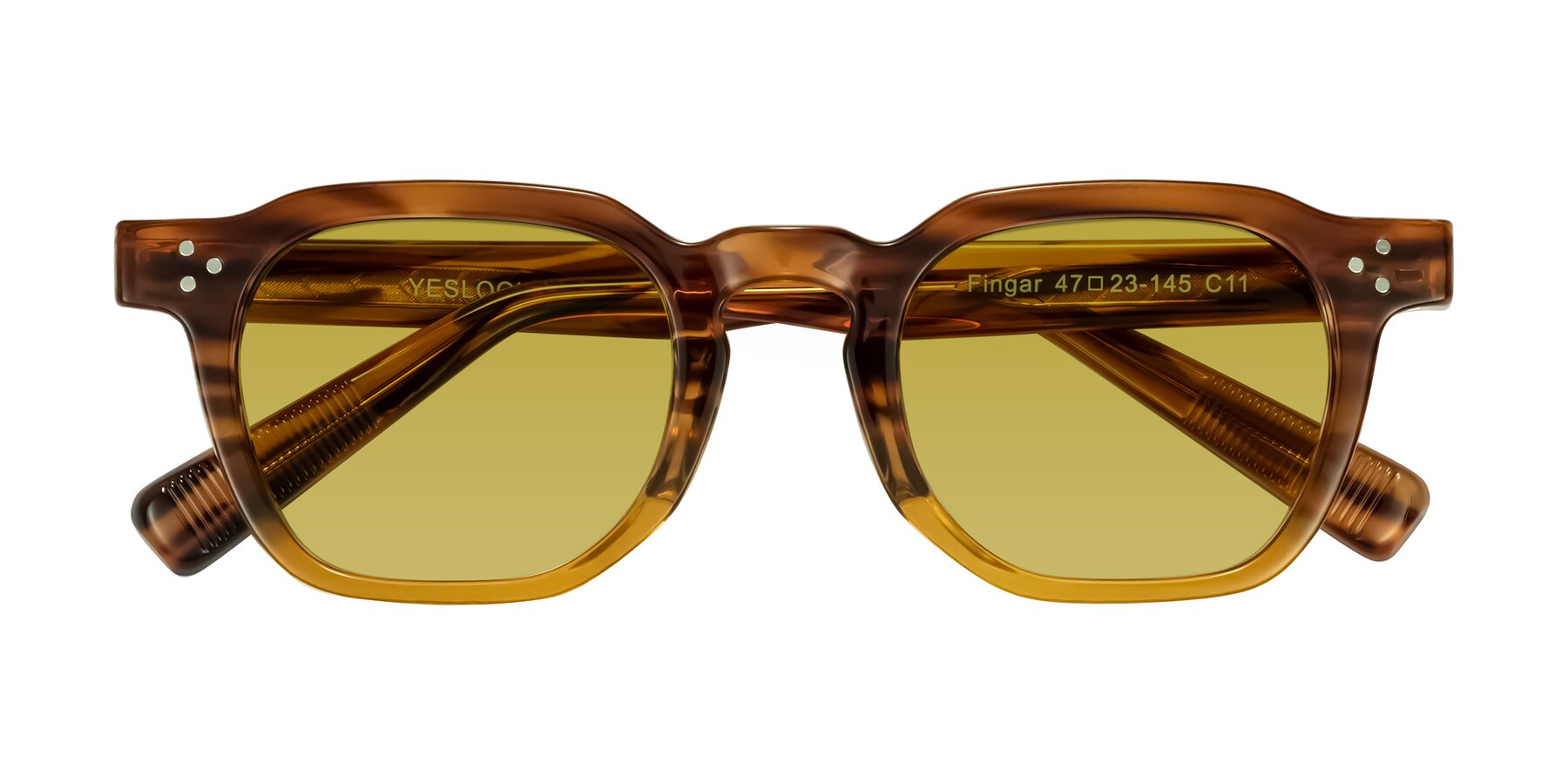 Folded Front of Fingar in Cola Brown Striped with Champagne Tinted Lenses