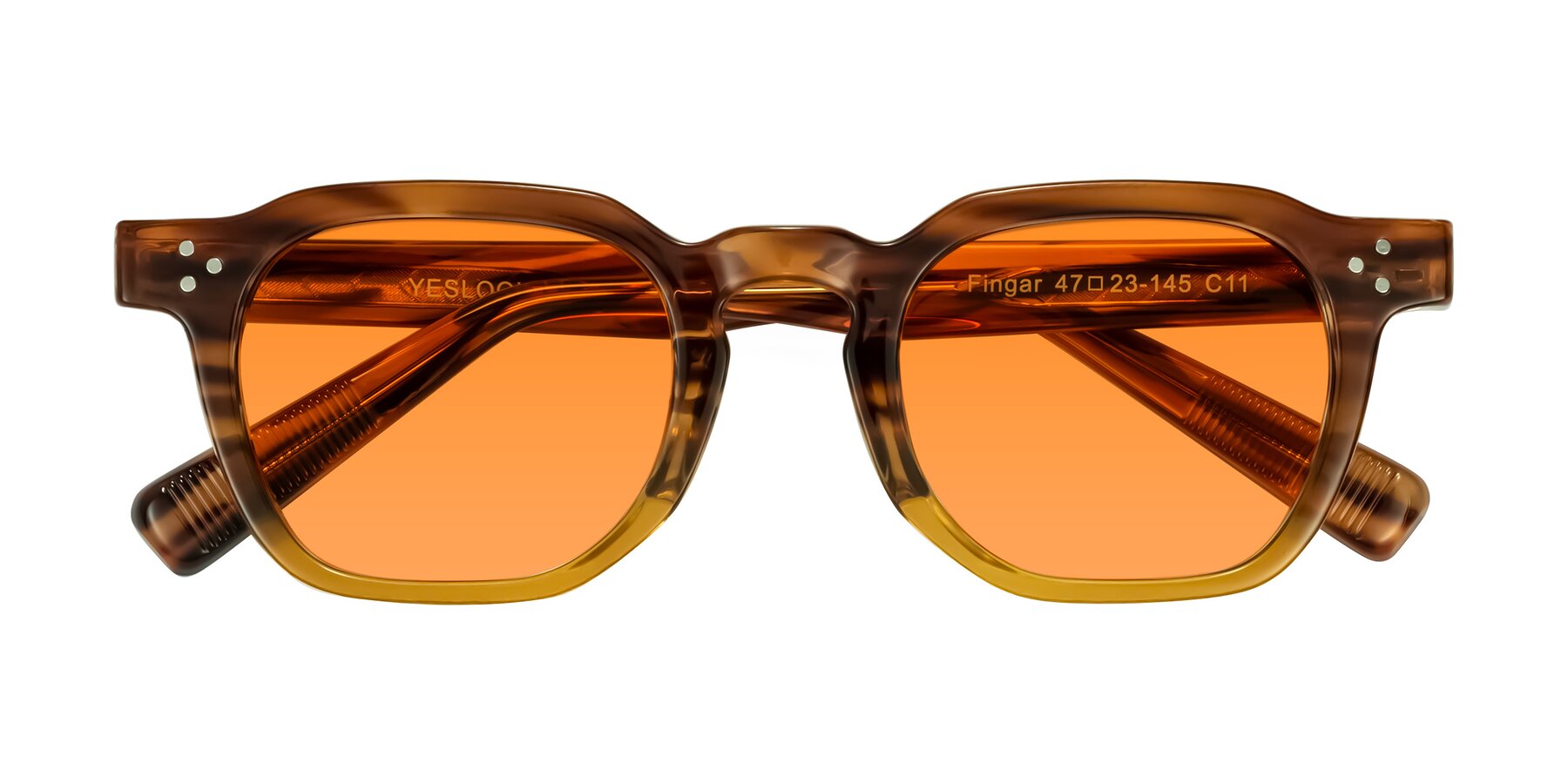 Folded Front of Fingar in Cola Brown Striped with Orange Tinted Lenses