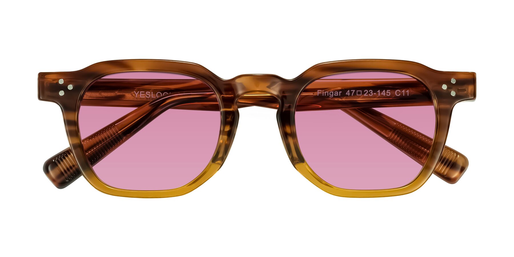 Folded Front of Fingar in Cola Brown Striped with Medium Wine Tinted Lenses