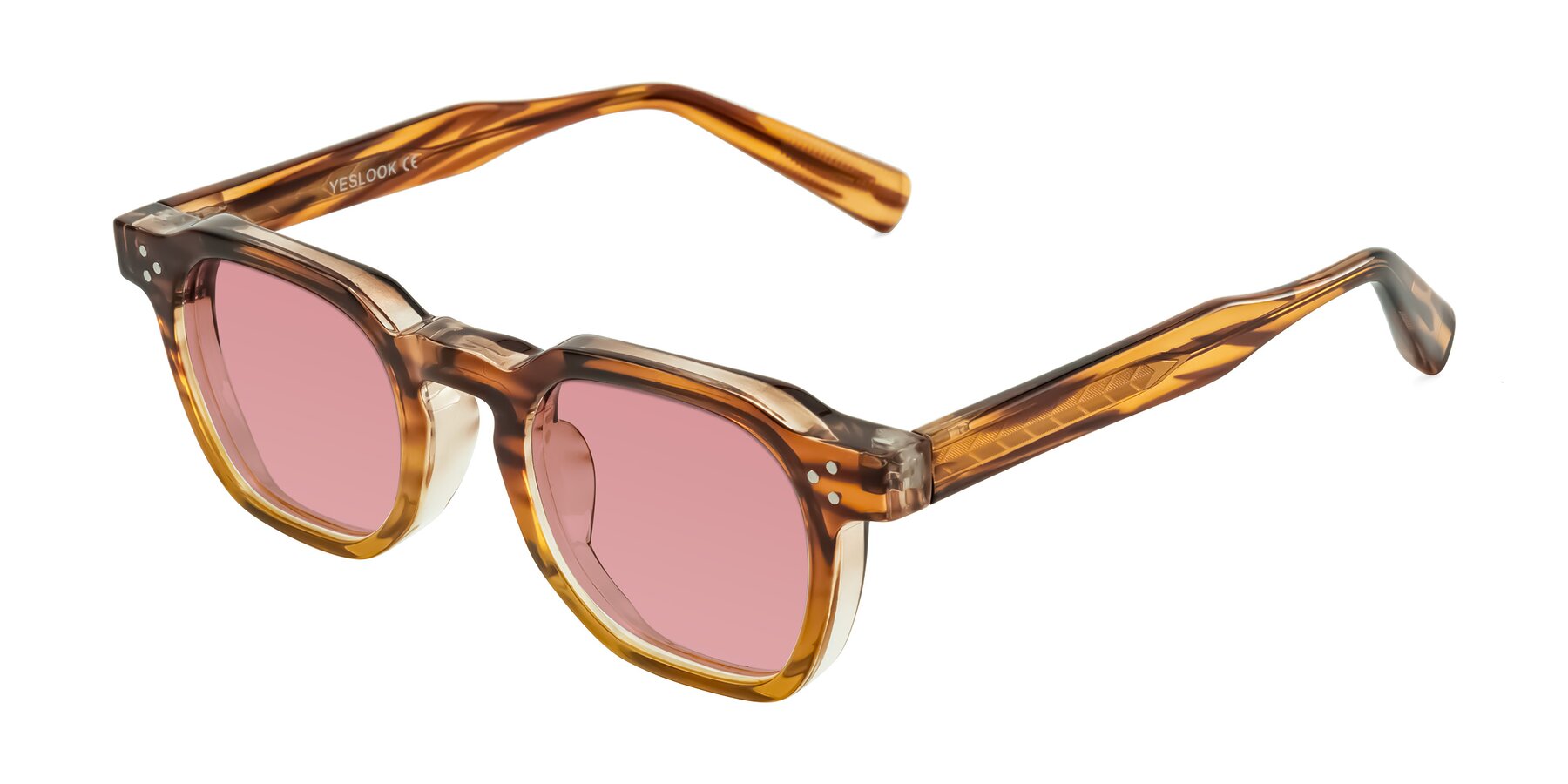 Angle of Fingar in Cola Brown Striped with Medium Garnet Tinted Lenses