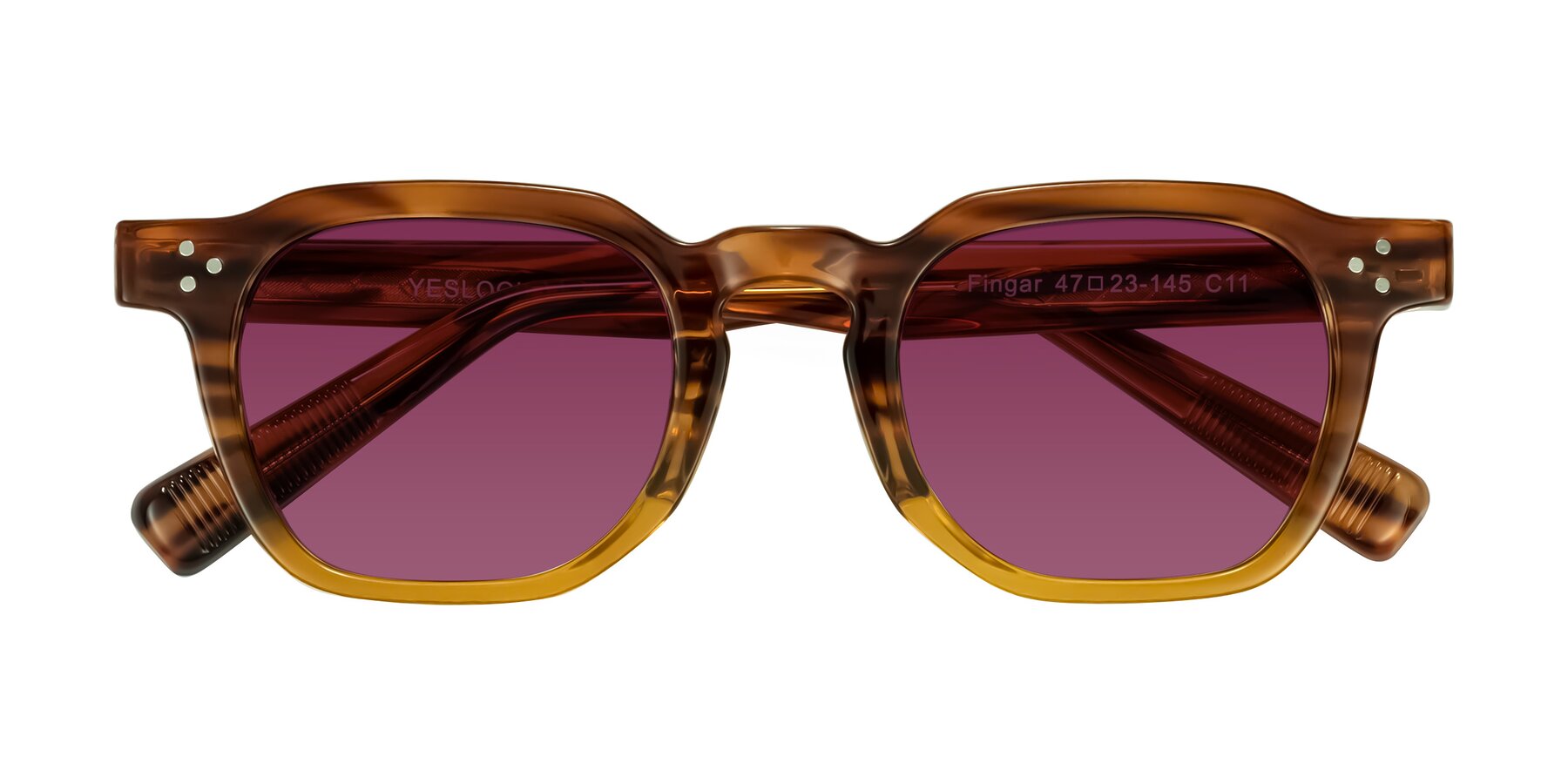 Folded Front of Fingar in Cola Brown Striped with Wine Tinted Lenses