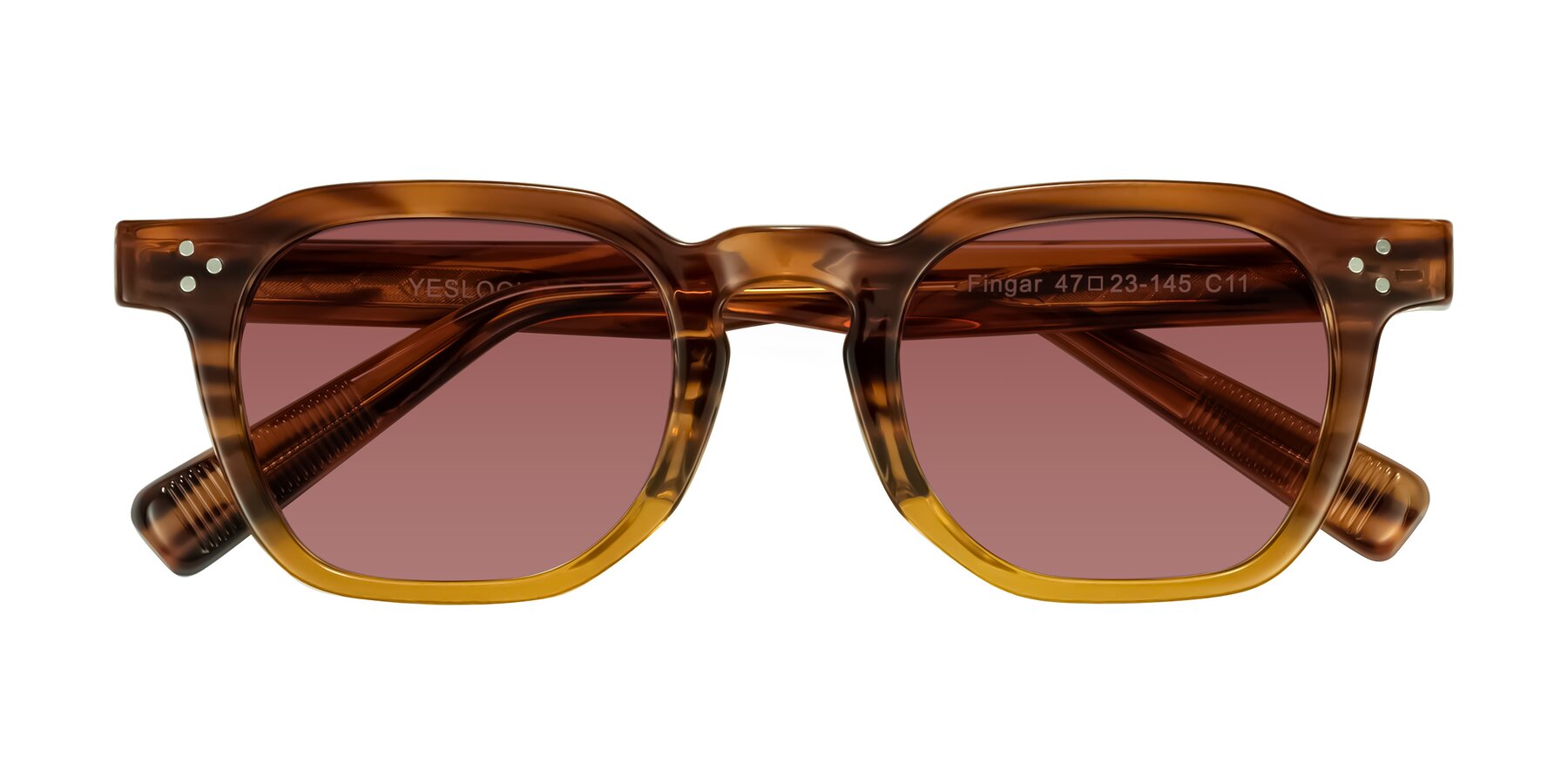 Folded Front of Fingar in Cola Brown Striped with Garnet Tinted Lenses