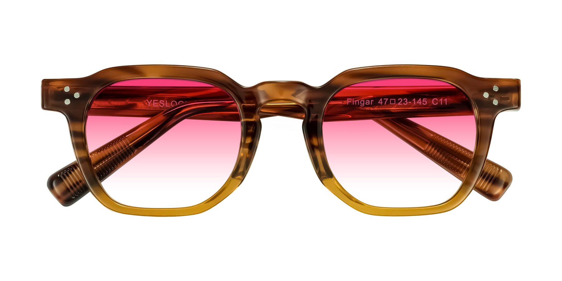 Folded Front of Fingar in Cola Brown Striped with Pink Gradient Lenses