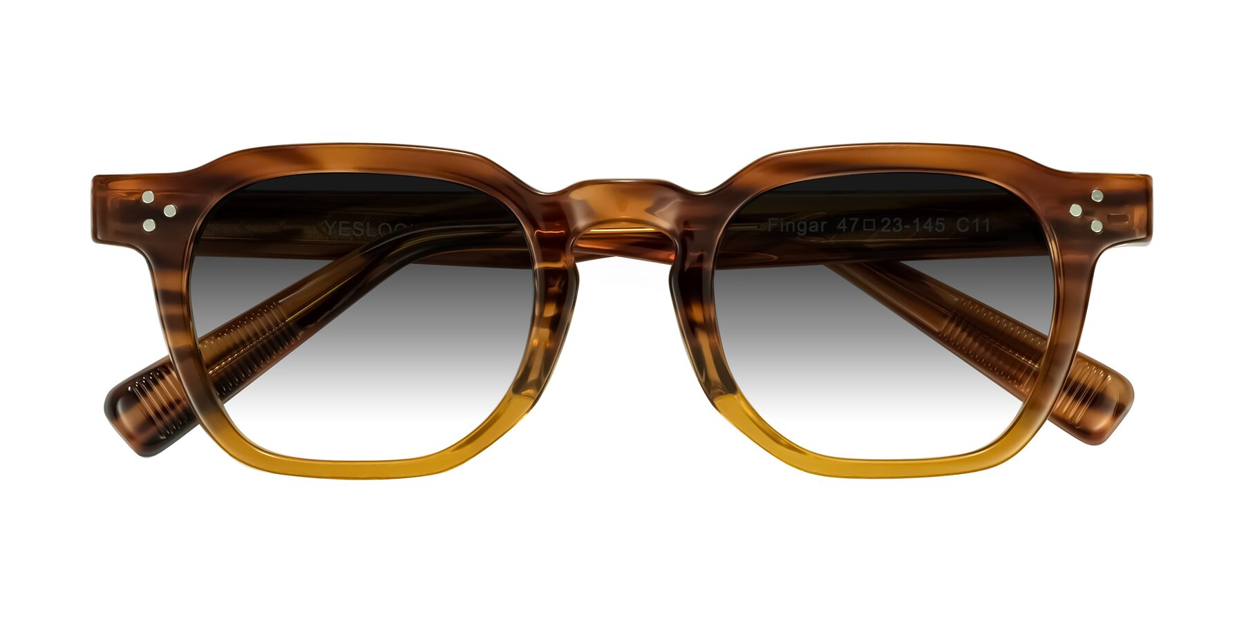 Folded Front of Fingar in Cola Brown Striped with Gray Gradient Lenses