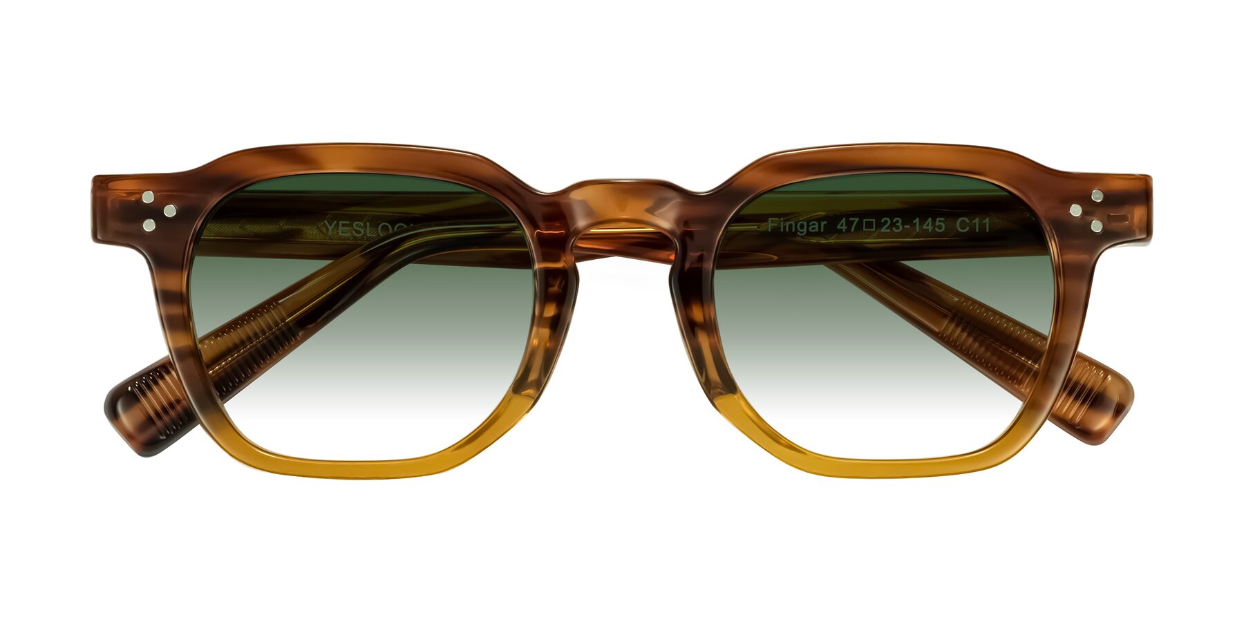 Folded Front of Fingar in Cola Brown Striped with Green Gradient Lenses
