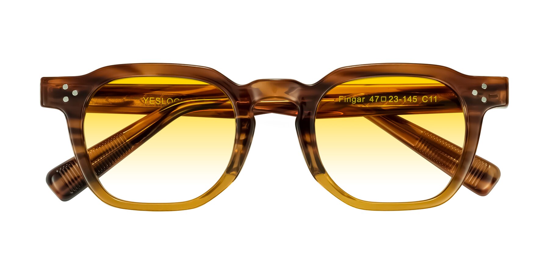Folded Front of Fingar in Cola Brown Striped with Yellow Gradient Lenses