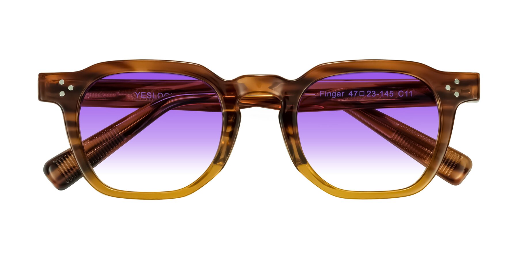 Folded Front of Fingar in Cola Brown Striped with Purple Gradient Lenses