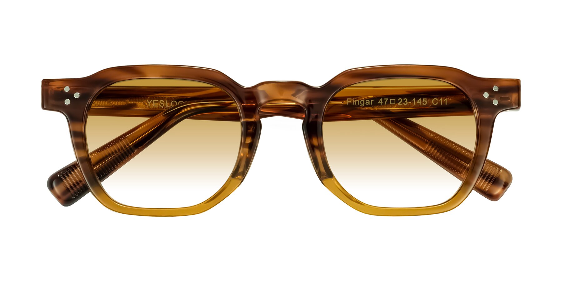 Folded Front of Fingar in Cola Brown Striped with Champagne Gradient Lenses