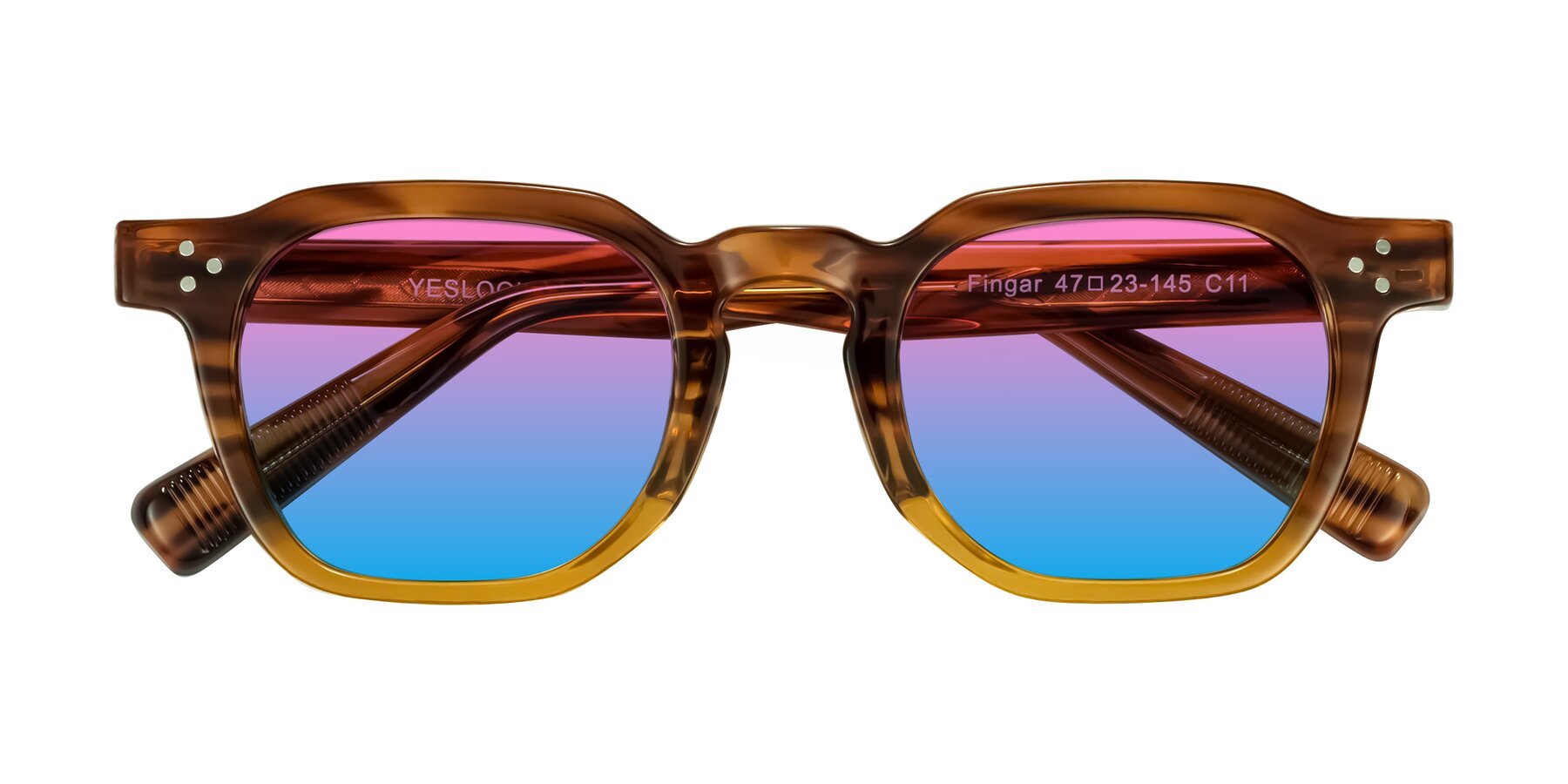 Folded Front of Fingar in Cola Brown Striped with Pink / Blue Gradient Lenses