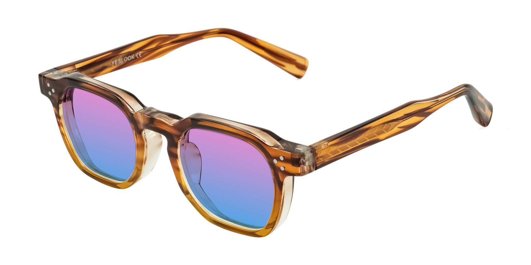 Angle of Fingar in Cola Brown Striped with Pink / Blue Gradient Lenses