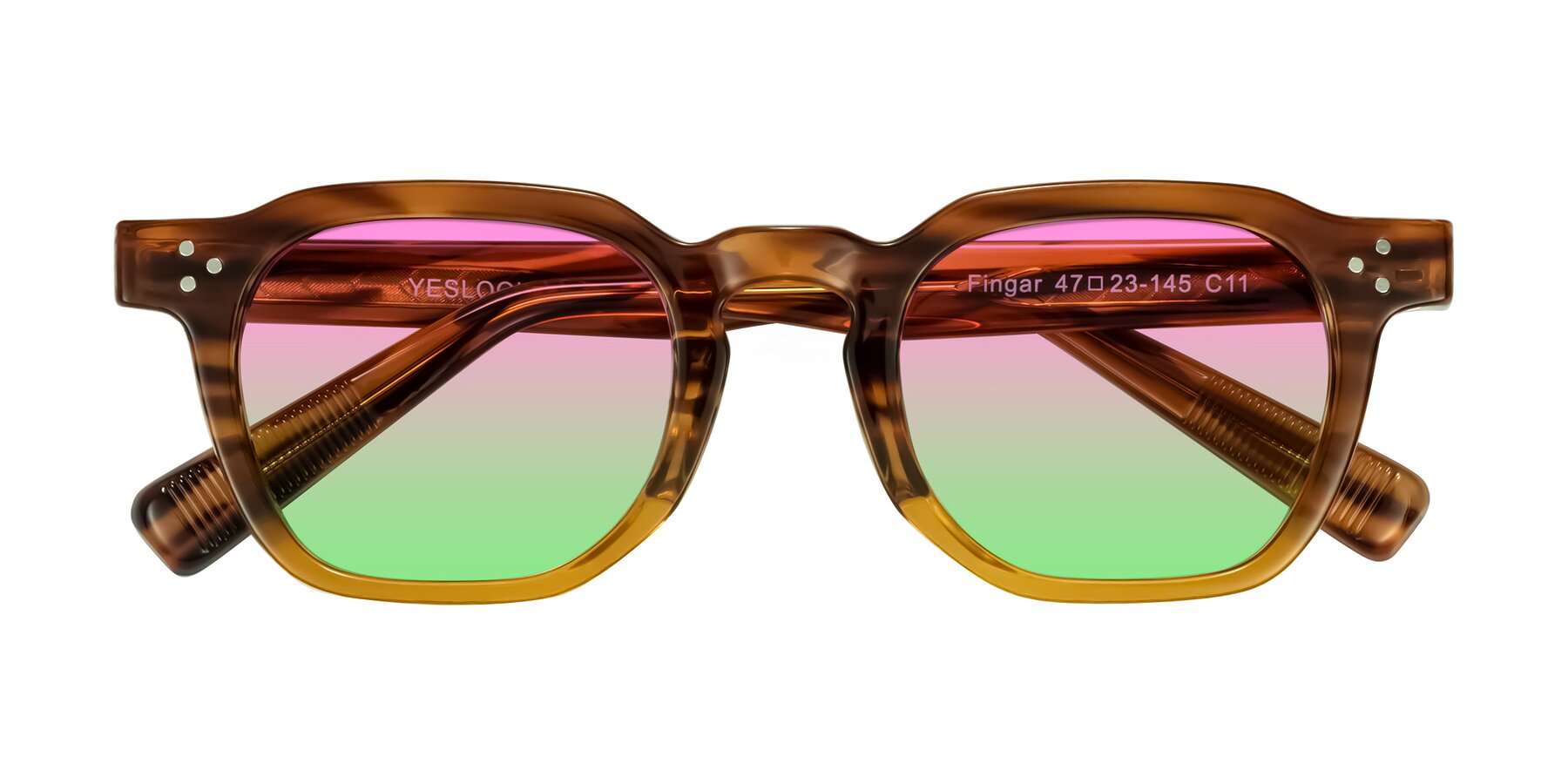 Folded Front of Fingar in Cola Brown Striped with Pink / Green Gradient Lenses
