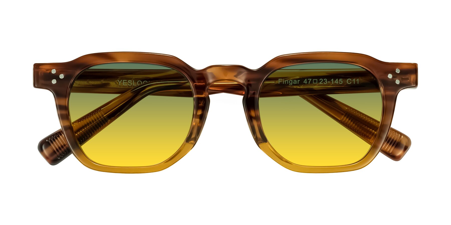 Folded Front of Fingar in Cola Brown Striped with Green / Yellow Gradient Lenses