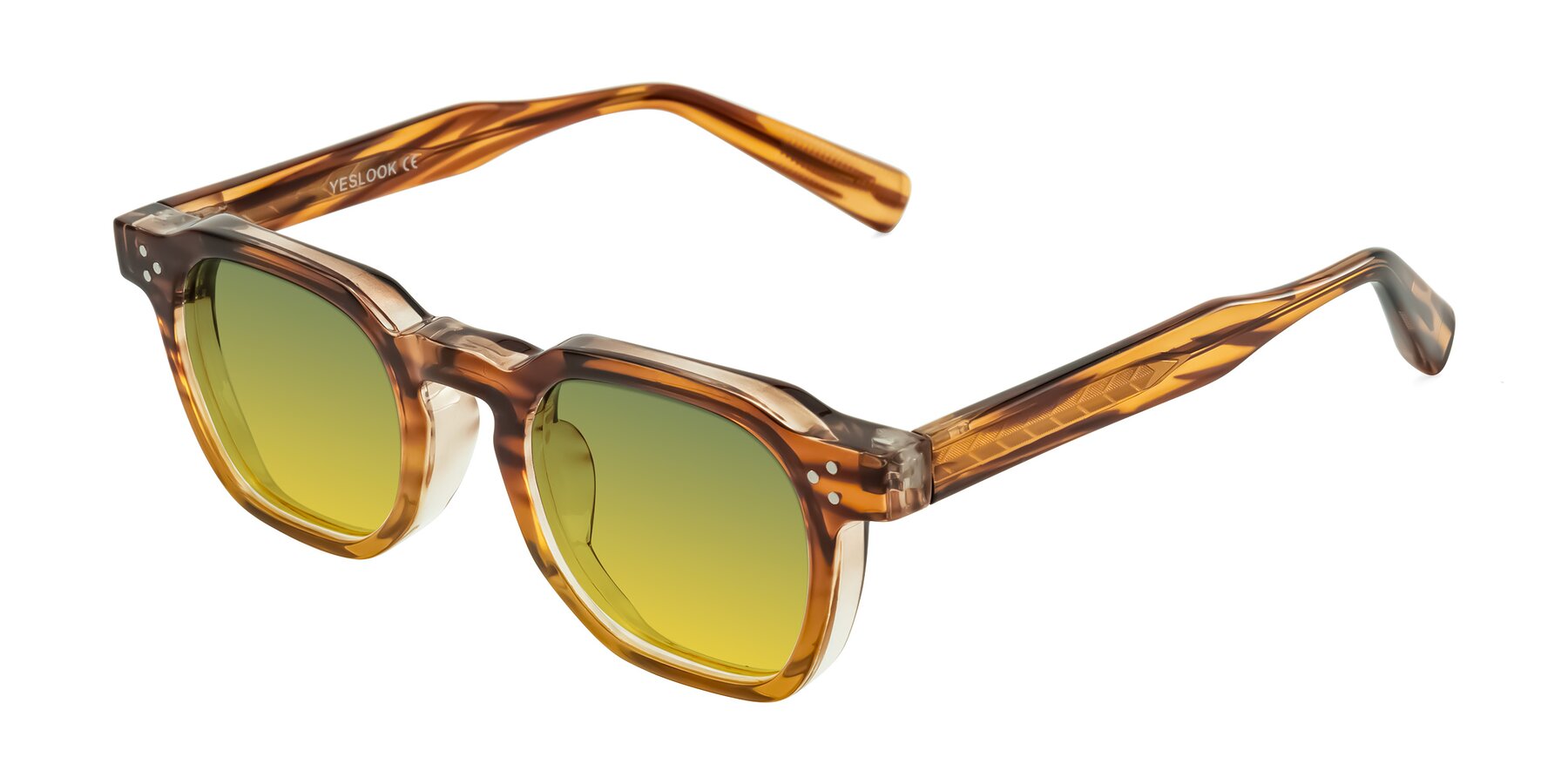 Angle of Fingar in Cola Brown Striped with Green / Yellow Gradient Lenses