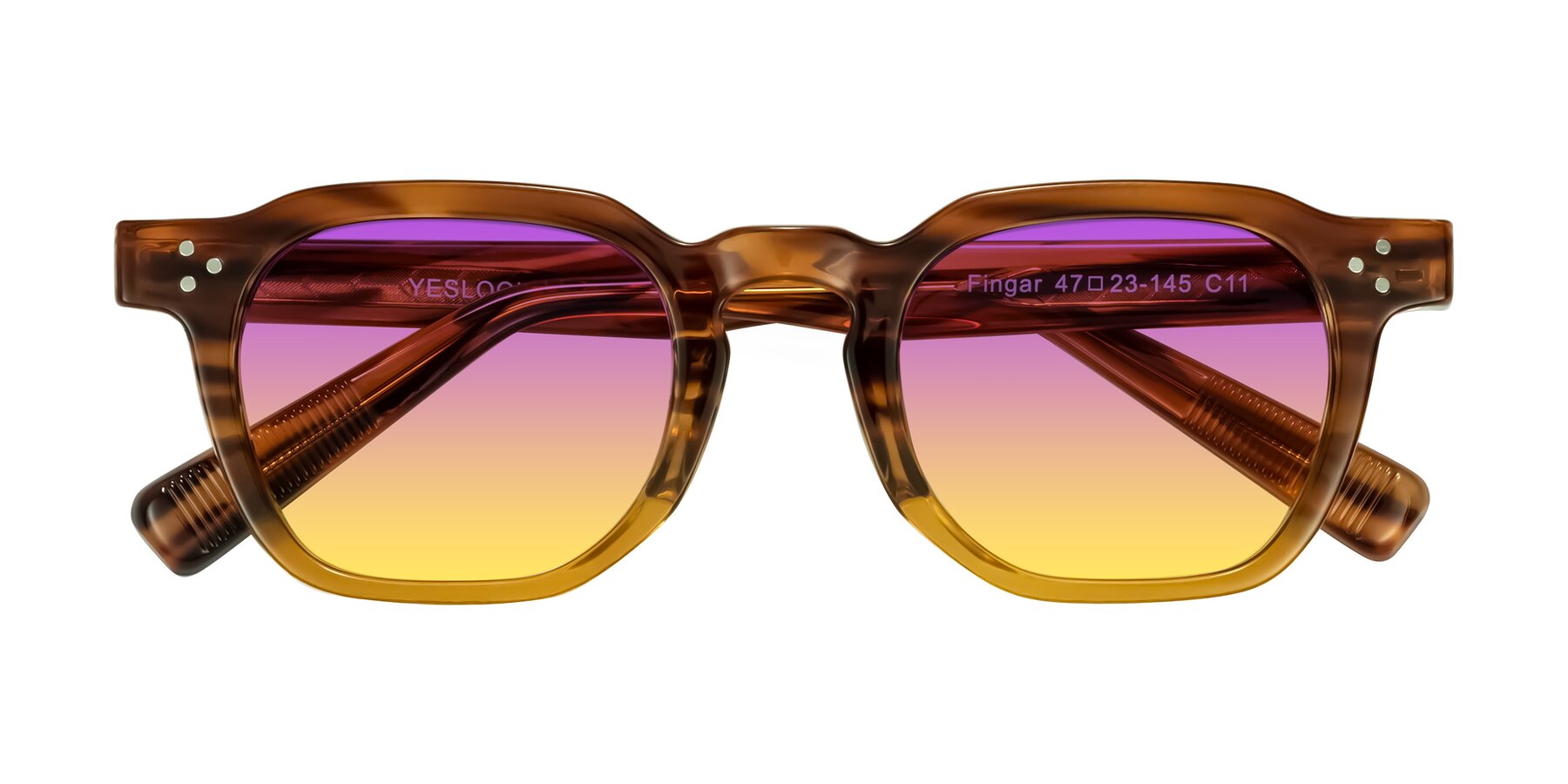 Folded Front of Fingar in Cola Brown Striped with Purple / Yellow Gradient Lenses