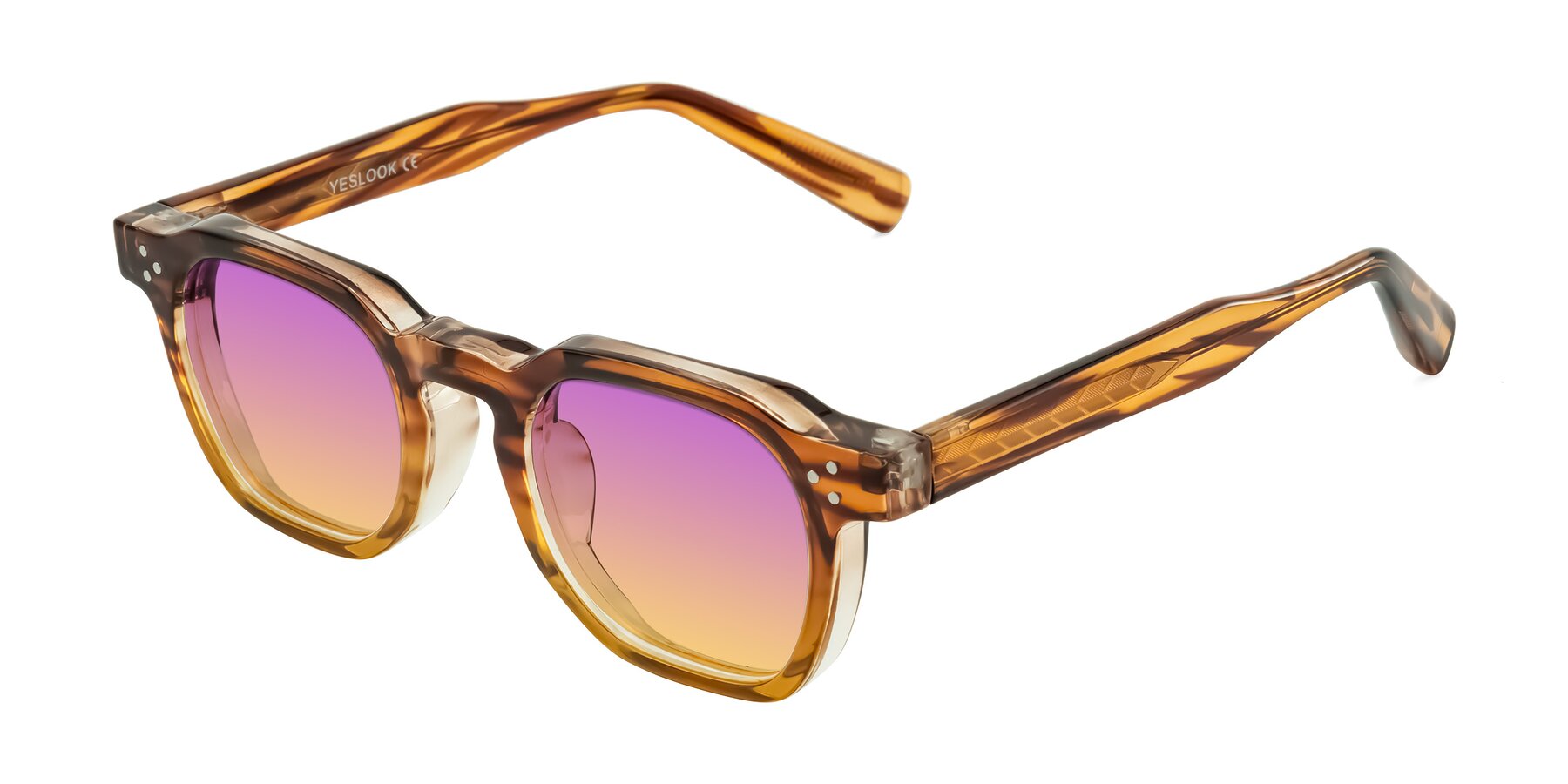 Angle of Fingar in Cola Brown Striped with Purple / Yellow Gradient Lenses