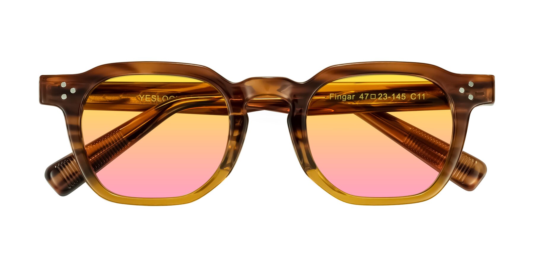 Folded Front of Fingar in Cola Brown Striped with Yellow / Pink Gradient Lenses