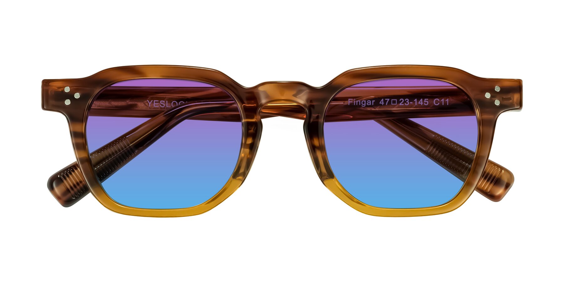 Folded Front of Fingar in Cola Brown Striped with Purple / Blue Gradient Lenses