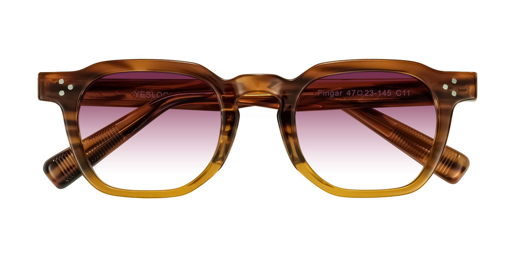 Folded Front of Fingar in Cola Brown Striped with Wine Gradient Lenses