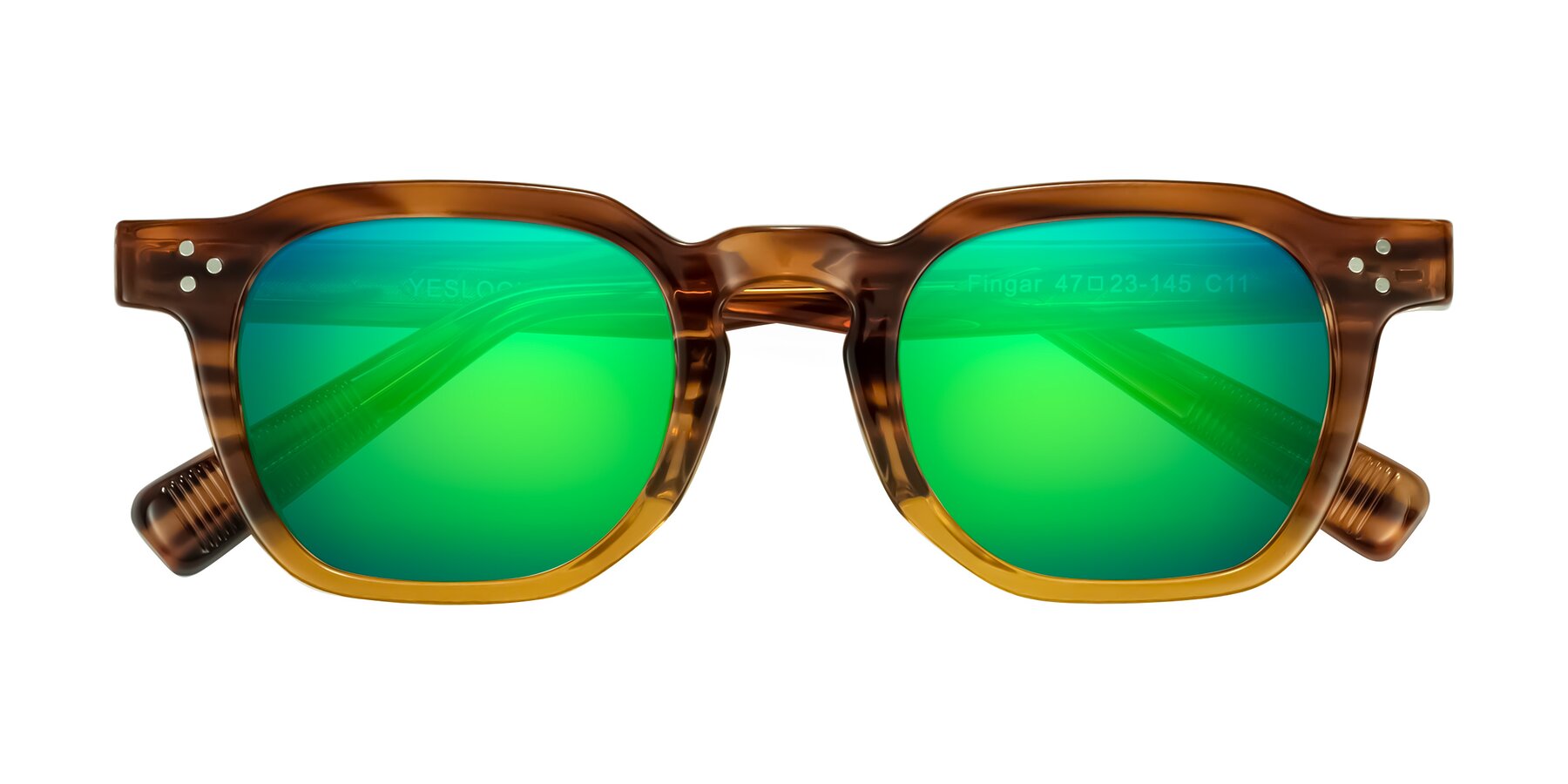 Folded Front of Fingar in Cola Brown Striped with Green Mirrored Lenses