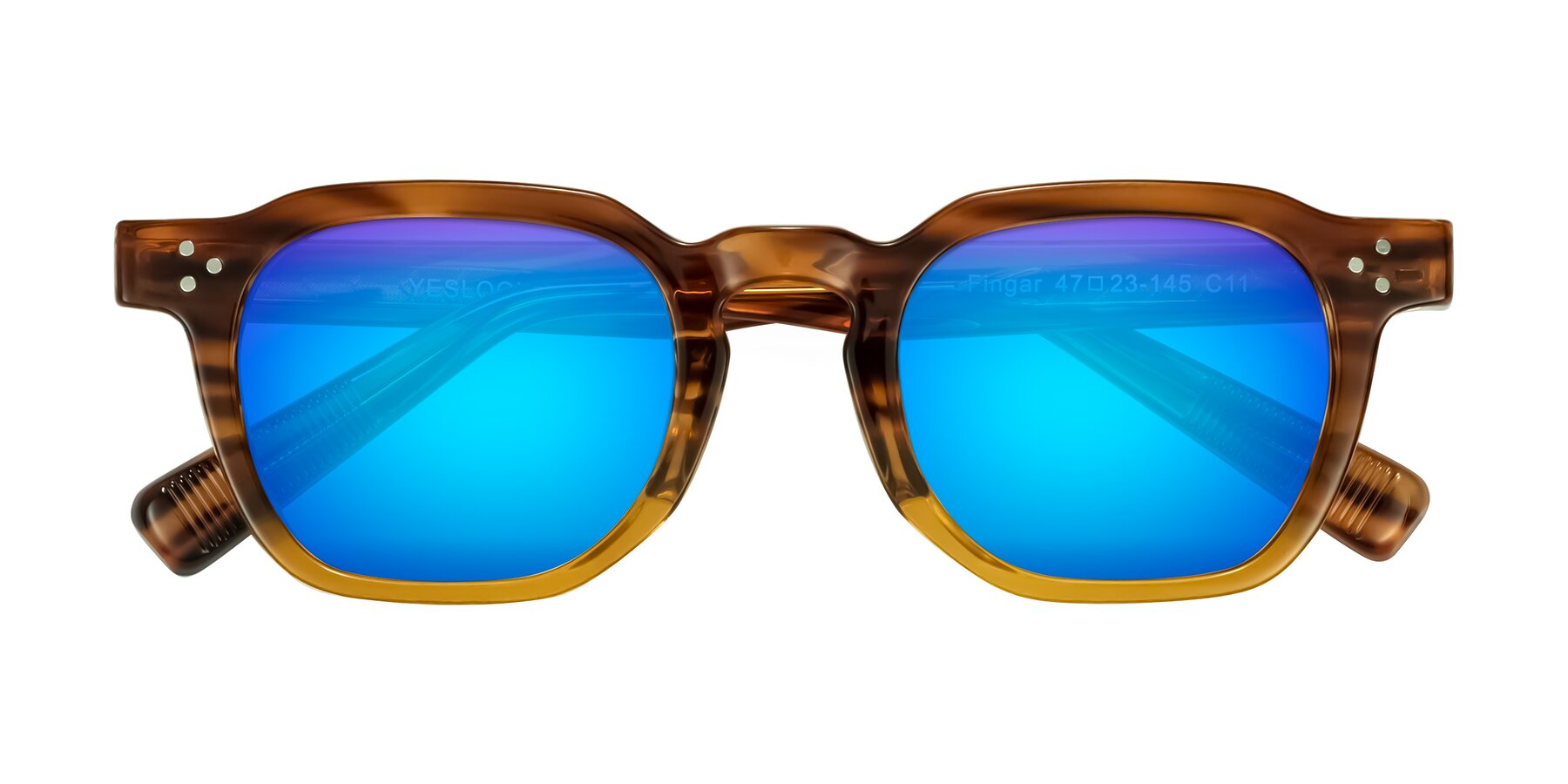 Folded Front of Fingar in Cola Brown Striped with Blue Mirrored Lenses