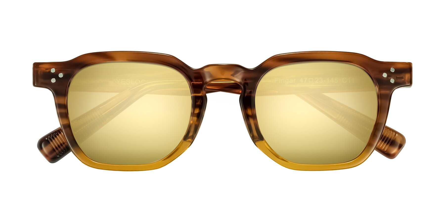 Folded Front of Fingar in Cola Brown Striped with Gold Mirrored Lenses