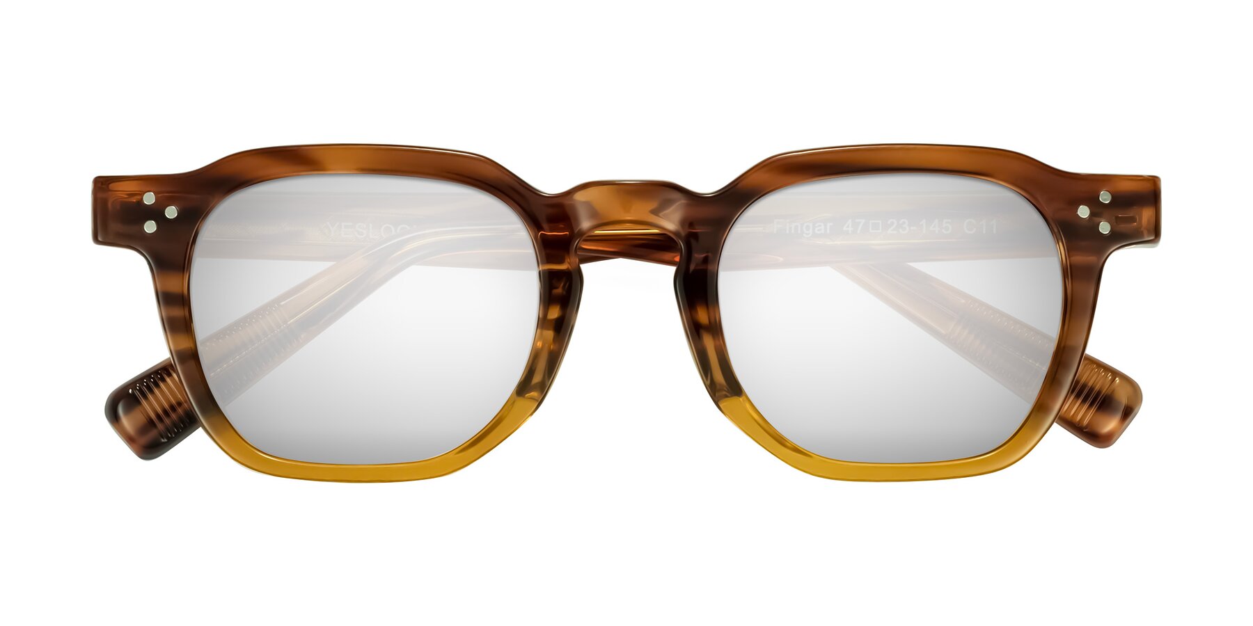 Folded Front of Fingar in Cola Brown Striped with Silver Mirrored Lenses