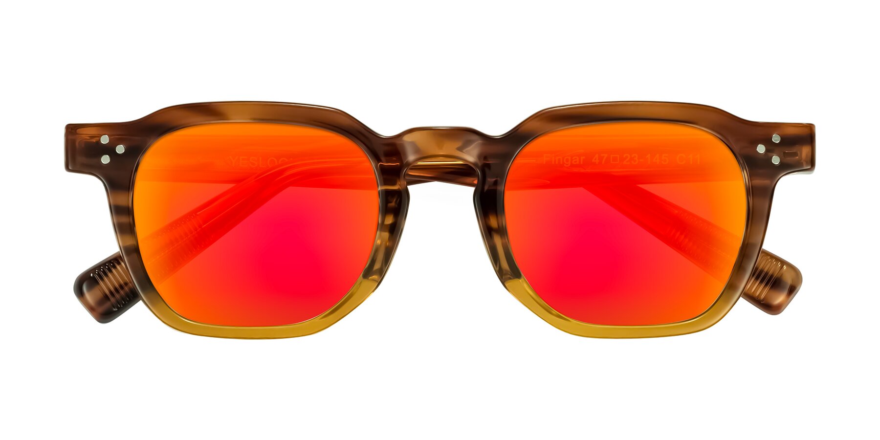 Folded Front of Fingar in Cola Brown Striped with Red Gold Mirrored Lenses