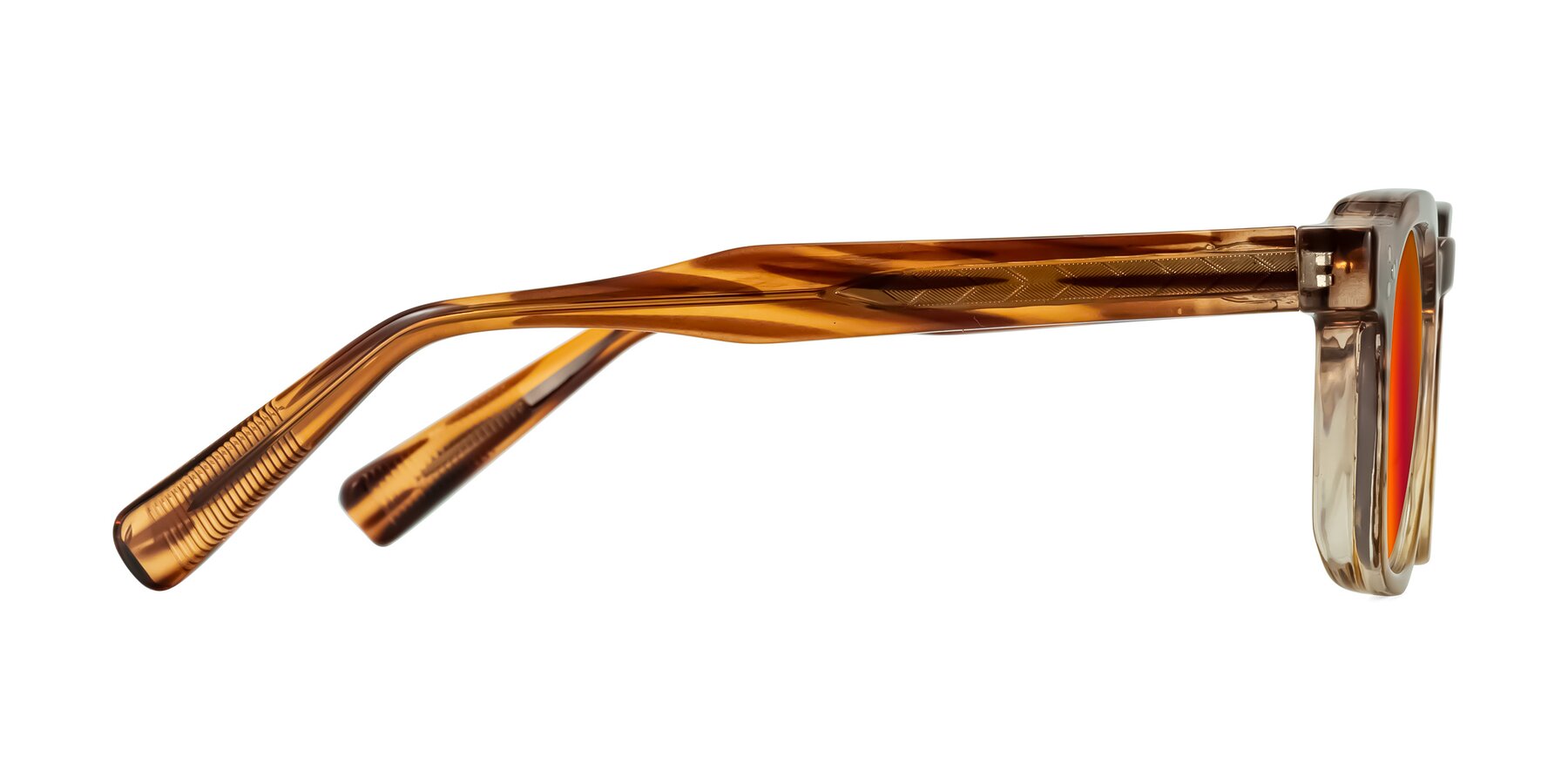 Side of Fingar in Cola Brown Striped with Red Gold Mirrored Lenses