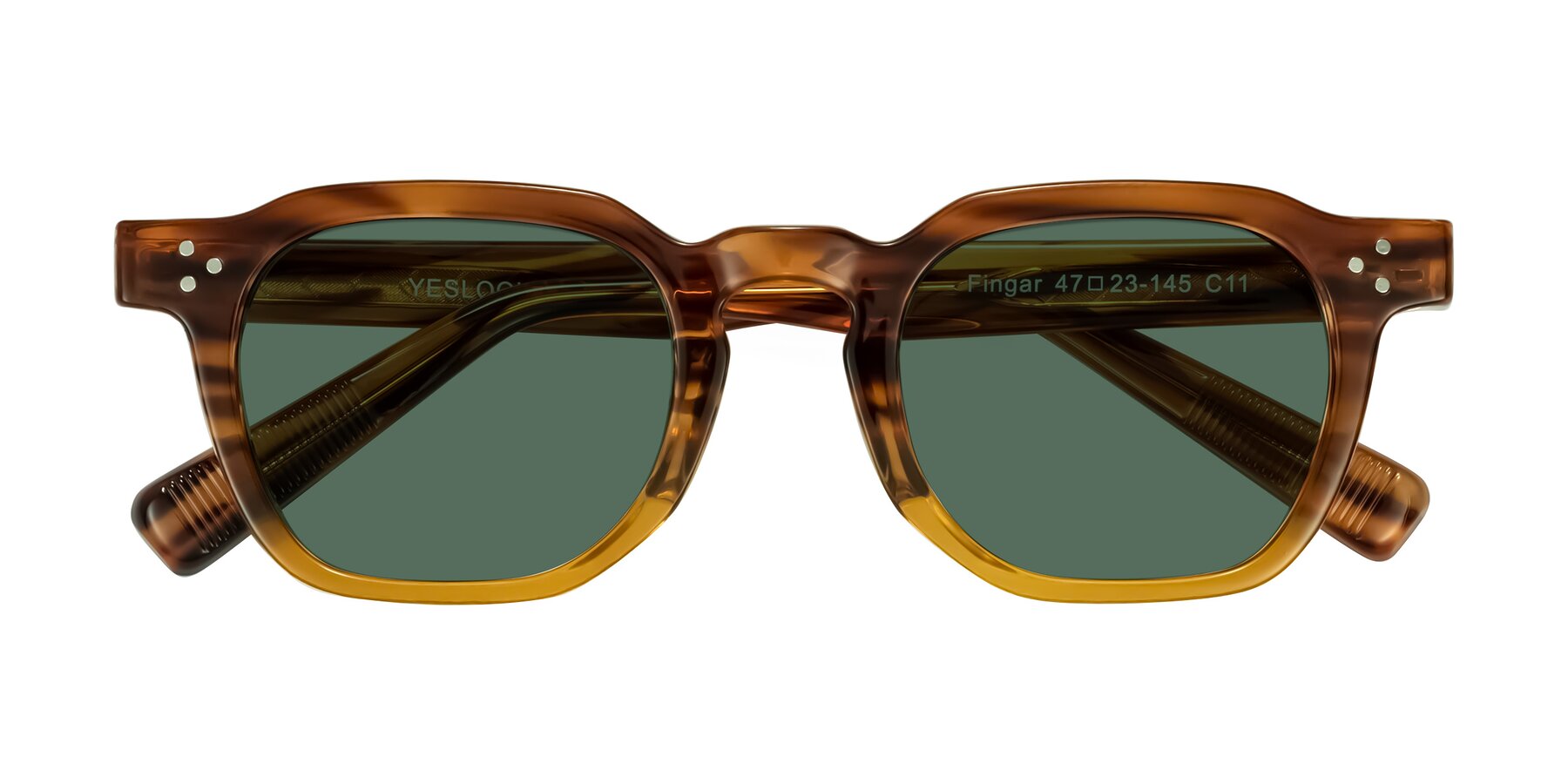Folded Front of Fingar in Cola Brown Striped with Green Polarized Lenses