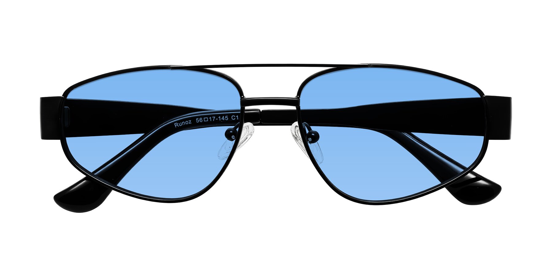 Folded Front of Runoz in Black with Medium Blue Tinted Lenses