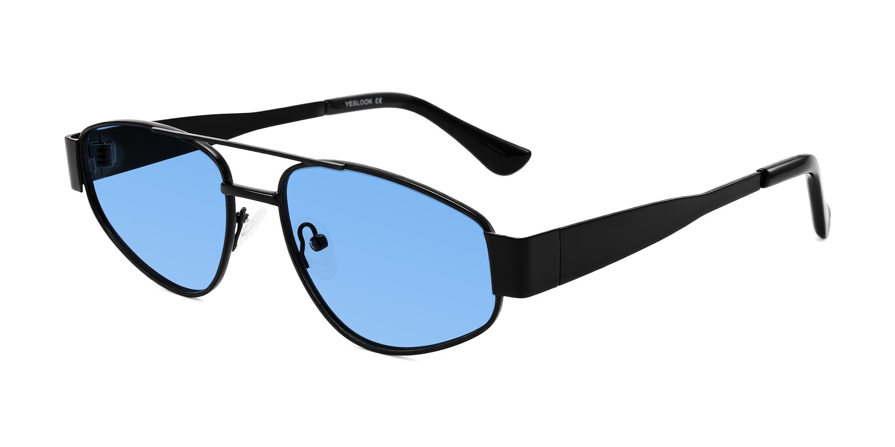 Angle of Runoz in Black with Medium Blue Tinted Lenses