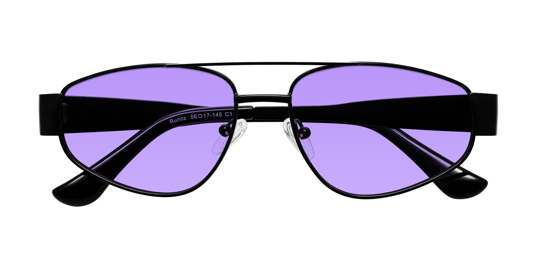 Folded Front of Runoz in Black with Medium Purple Tinted Lenses