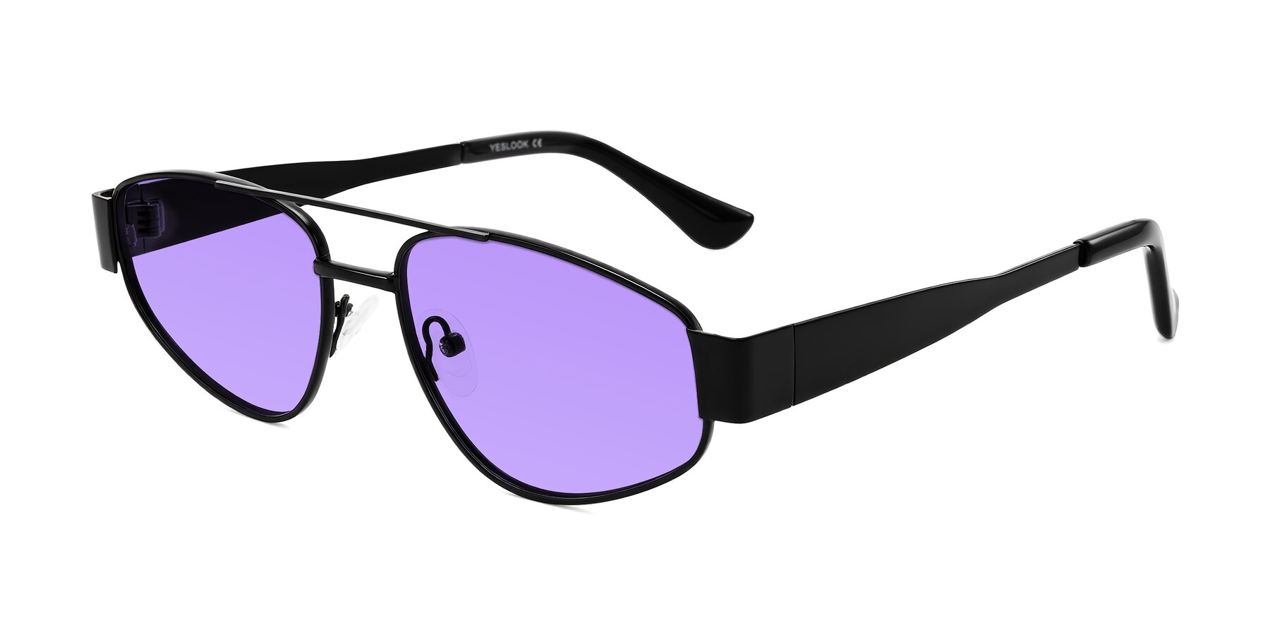 Angle of Runoz in Black with Medium Purple Tinted Lenses