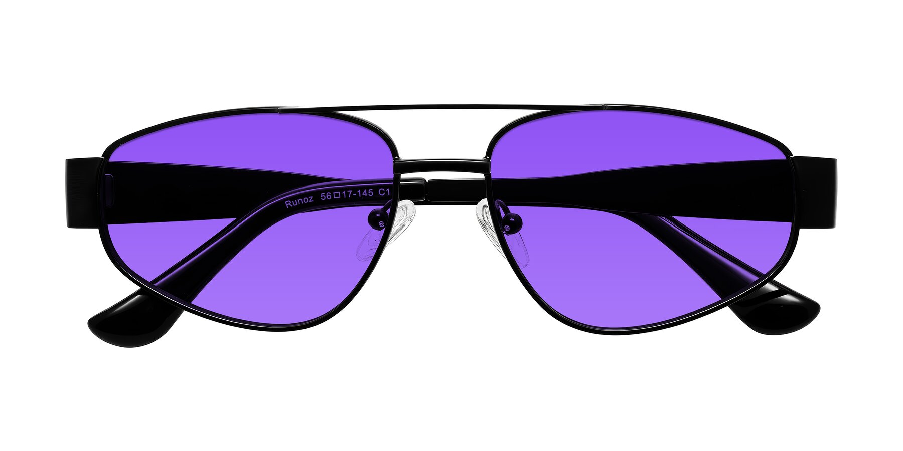 Folded Front of Runoz in Black with Purple Tinted Lenses