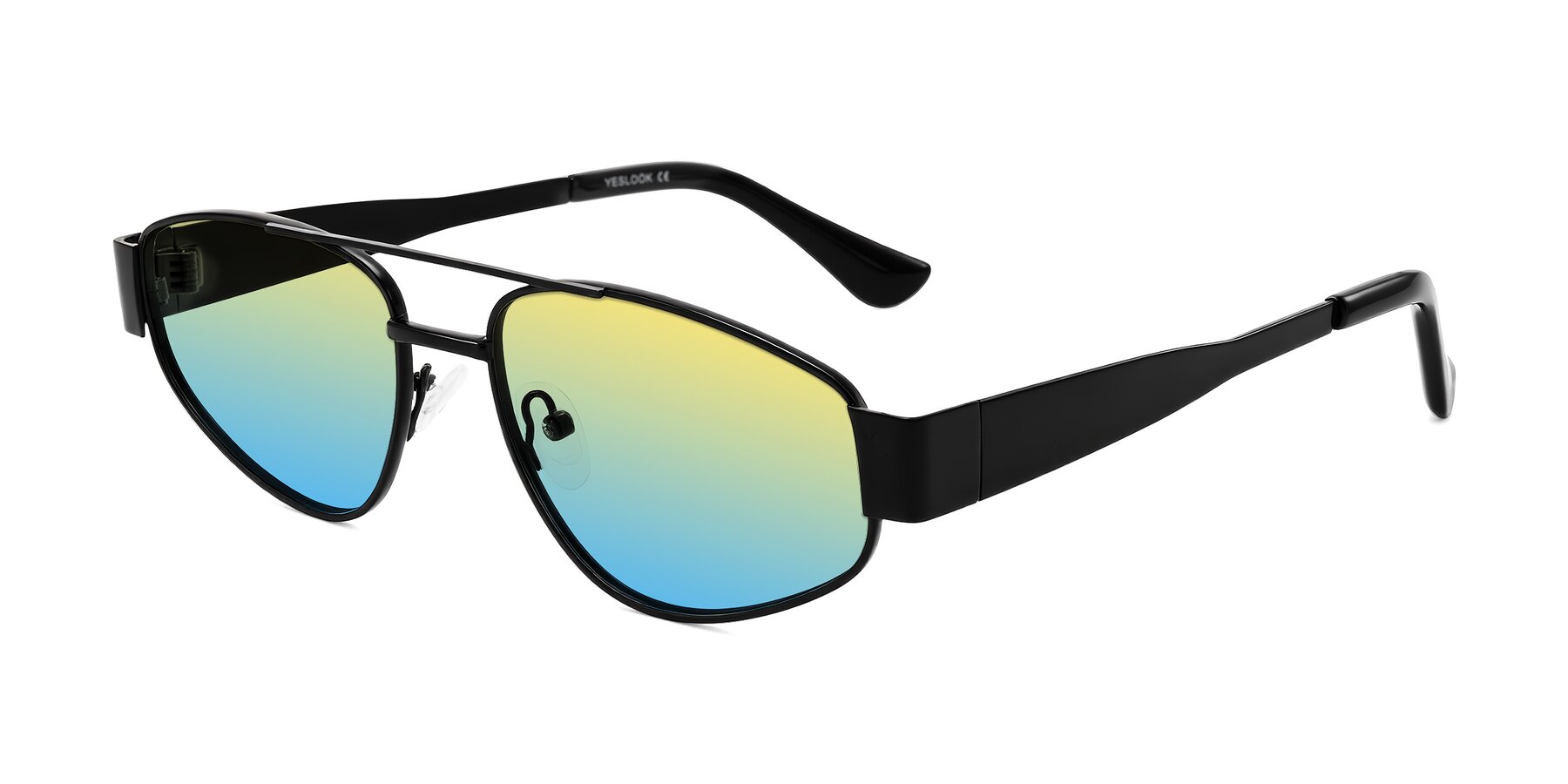 Angle of Runoz in Black with Yellow / Blue Gradient Lenses