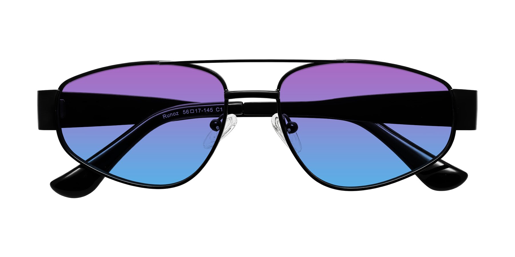 Folded Front of Runoz in Black with Purple / Blue Gradient Lenses