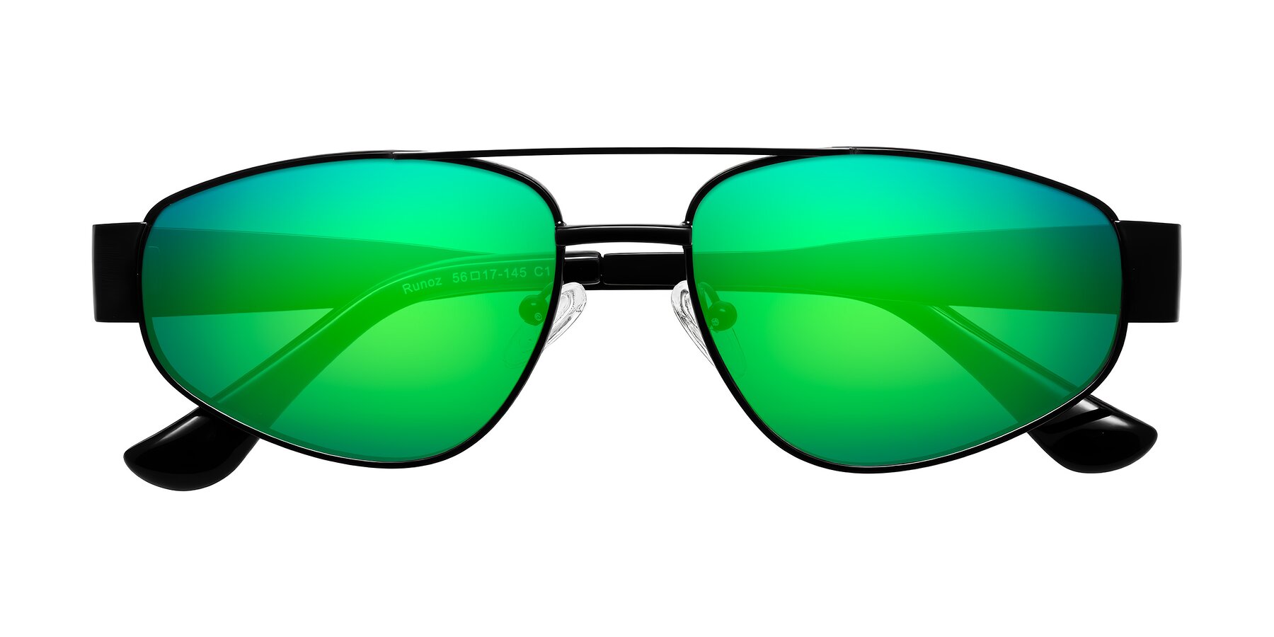 Folded Front of Runoz in Black with Green Mirrored Lenses