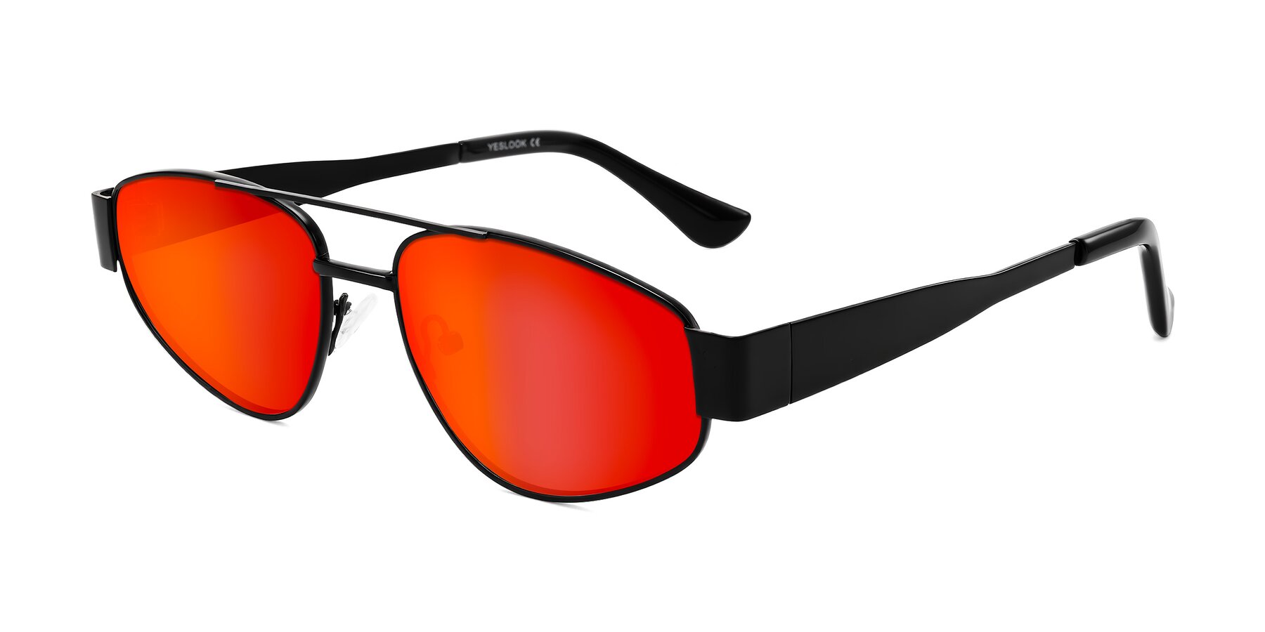 Angle of Runoz in Black with Red Gold Mirrored Lenses