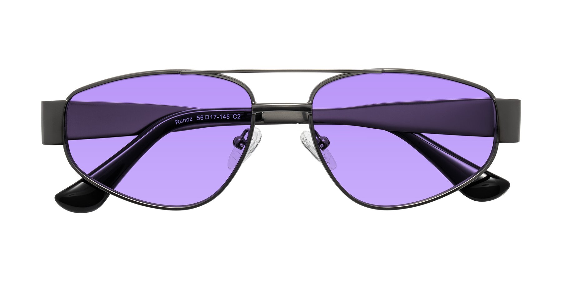 Folded Front of Runoz in Gunmetal with Medium Purple Tinted Lenses