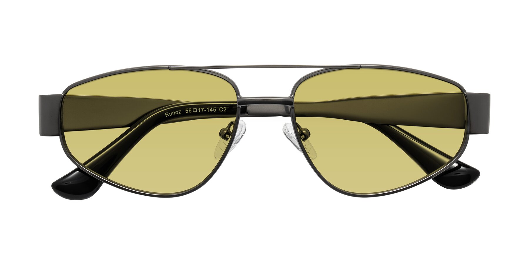Folded Front of Runoz in Gunmetal with Medium Champagne Tinted Lenses