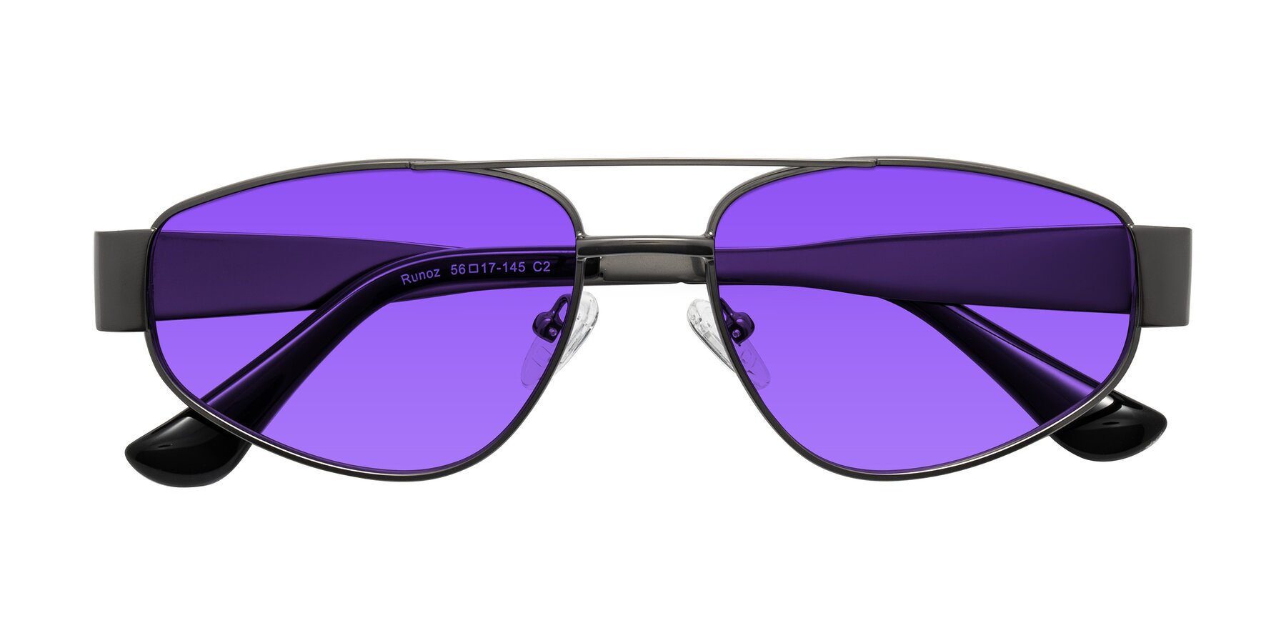 Folded Front of Runoz in Gunmetal with Purple Tinted Lenses