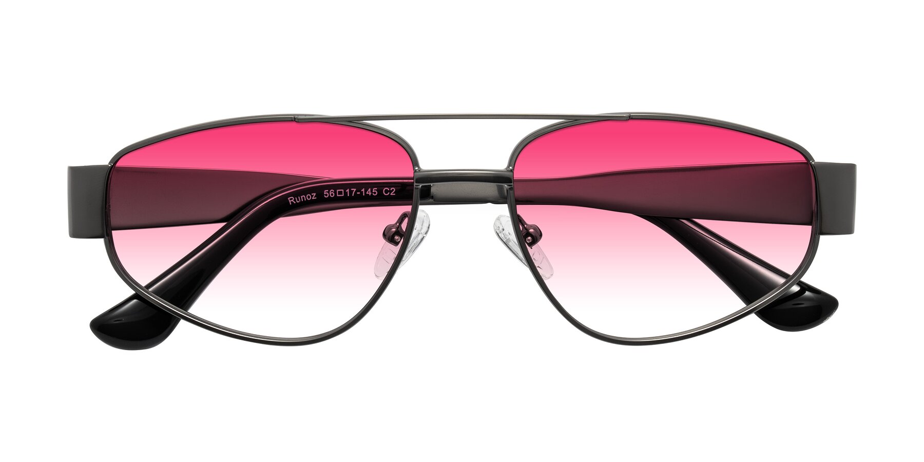 Folded Front of Runoz in Gunmetal with Pink Gradient Lenses